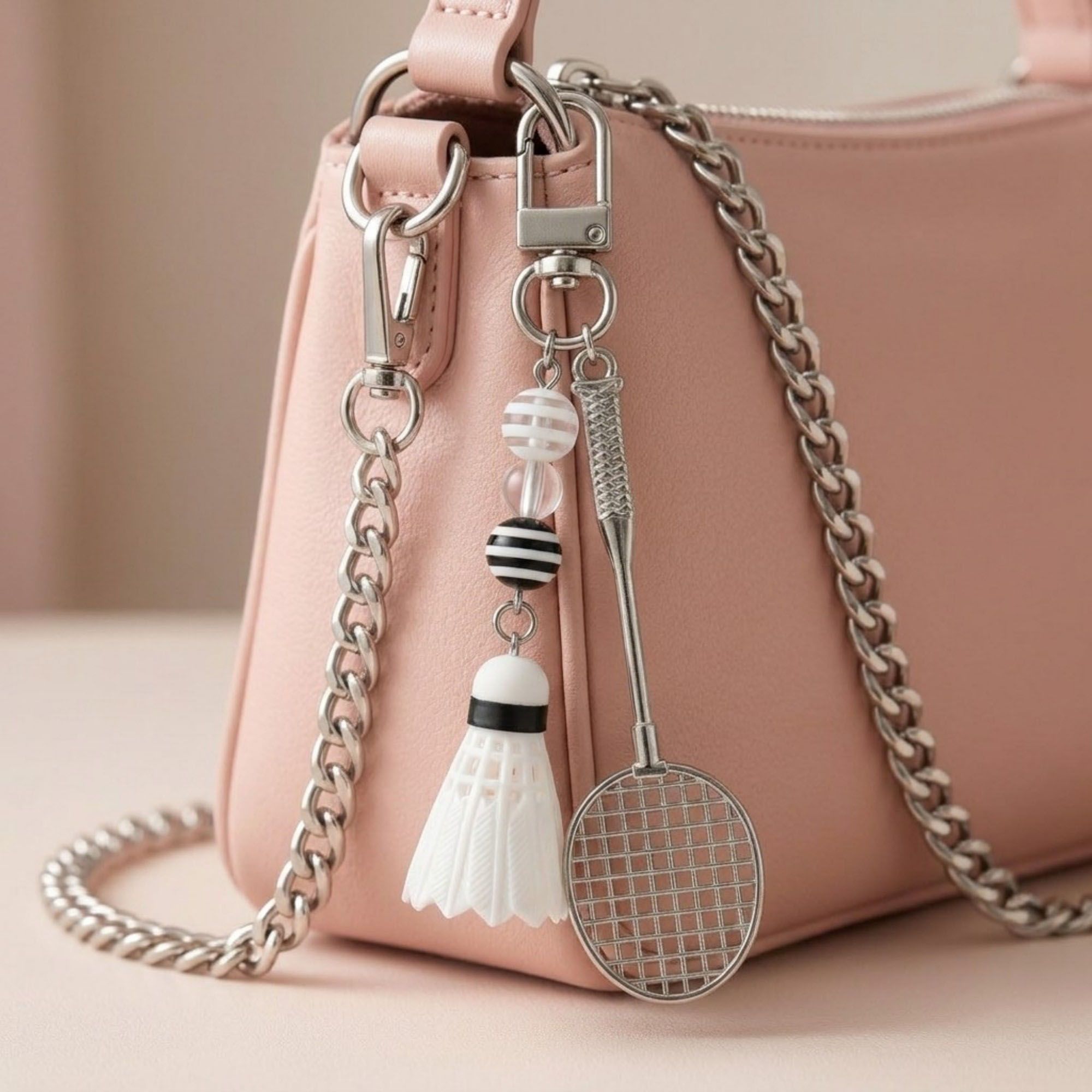 Badminton Racket Keychain with Shuttlecock Charm Beaded Detail Metal Key Ring
