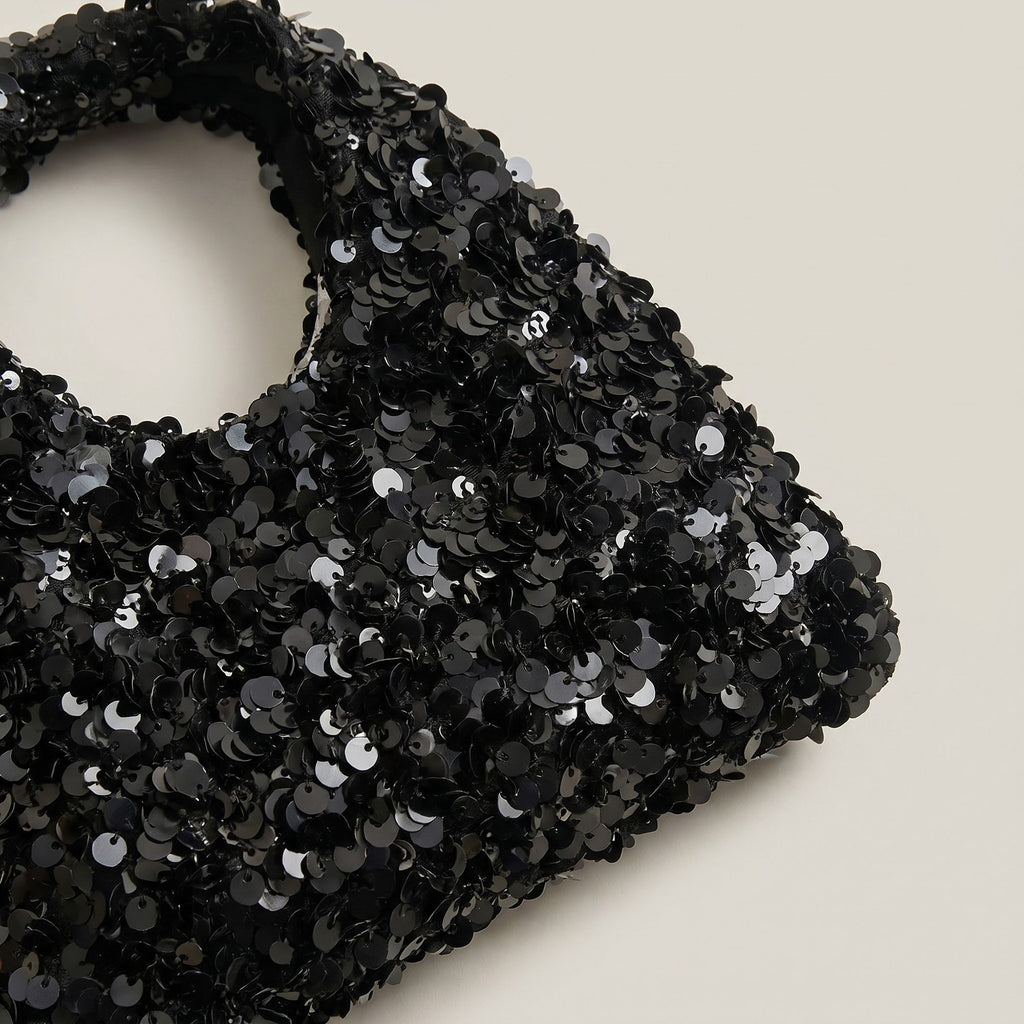 Sequin Top Handle Mini Bag with Round Cutout Handle and Chain Strap