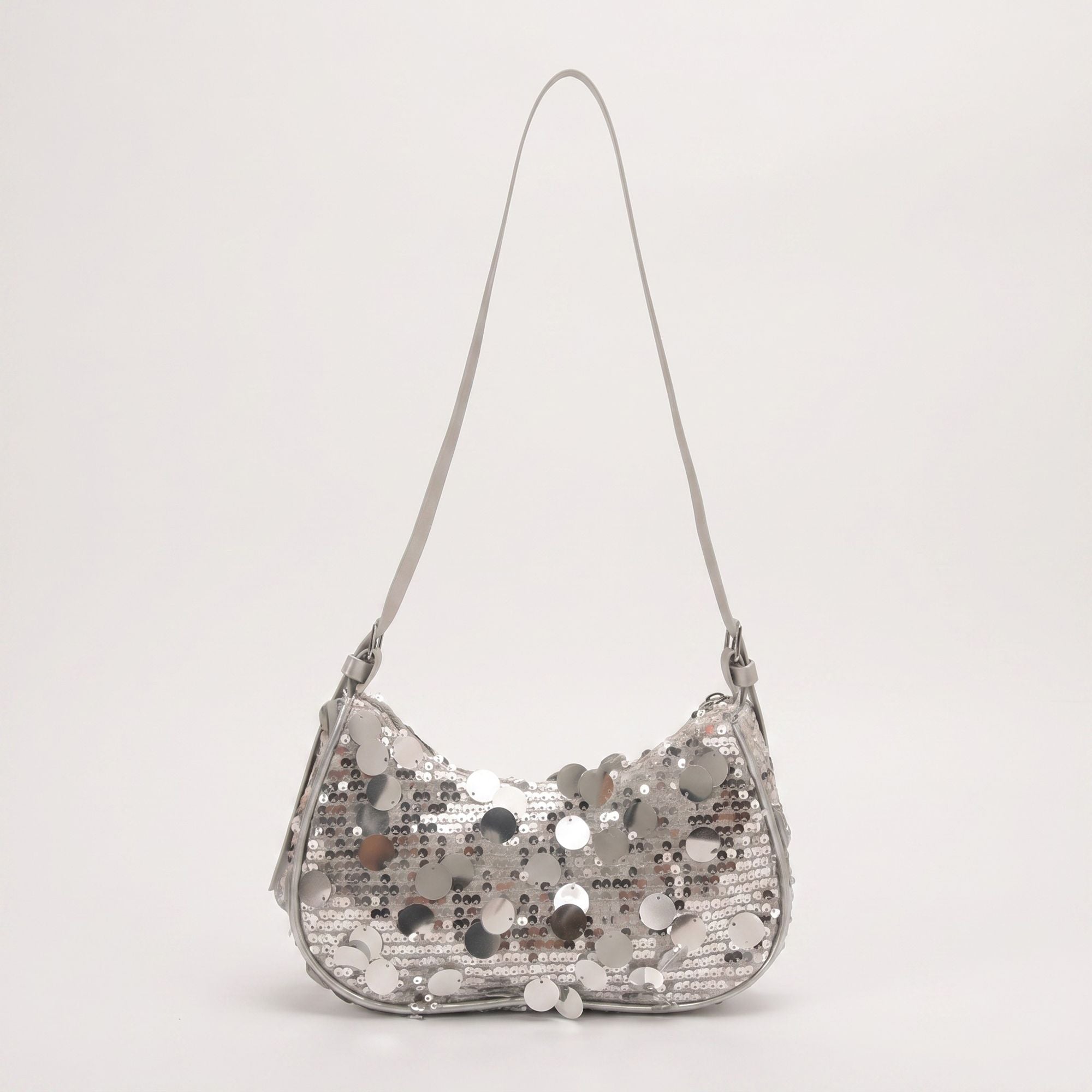 Sequin Crescent Shoulder Bag with Disc Paillette Details and Slim Strap