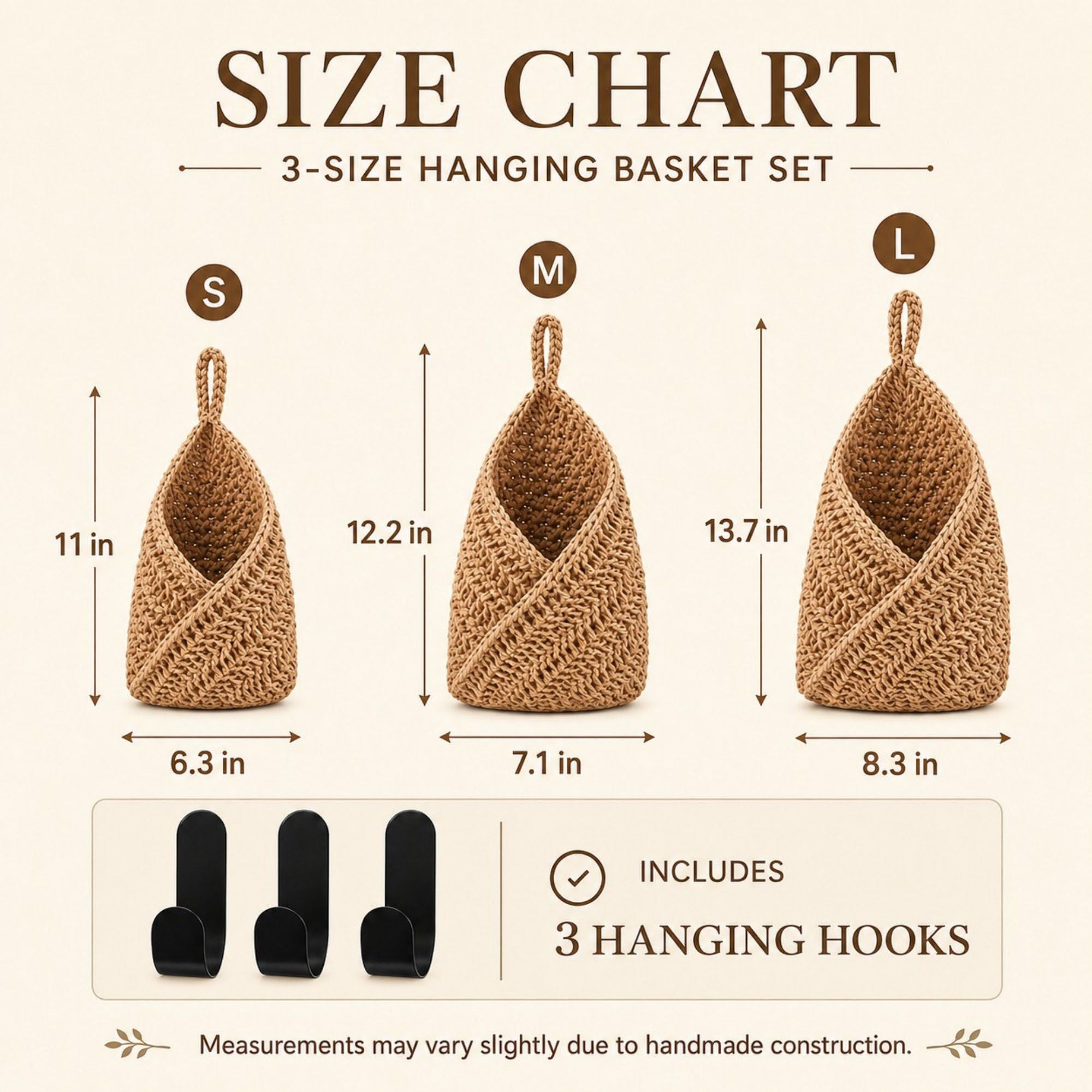 Woven Cotton Rope Hanging Basket Set Wall Storage Organizer with Hooks