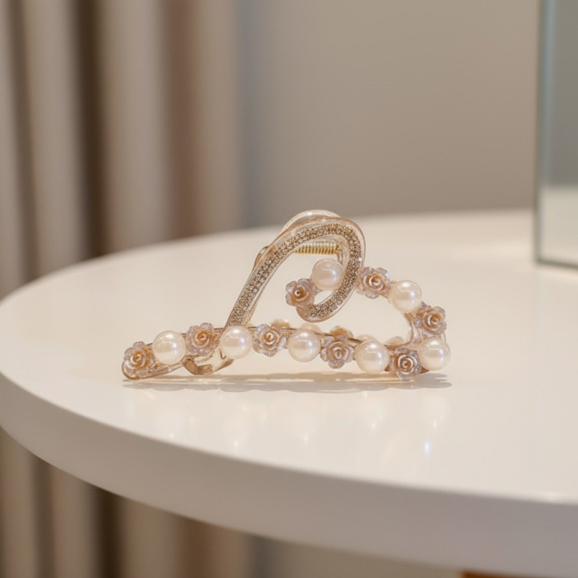 Anna-Kaci Beaded Flower Metal Hair Claw Clip with Curved Design and Textured Accents