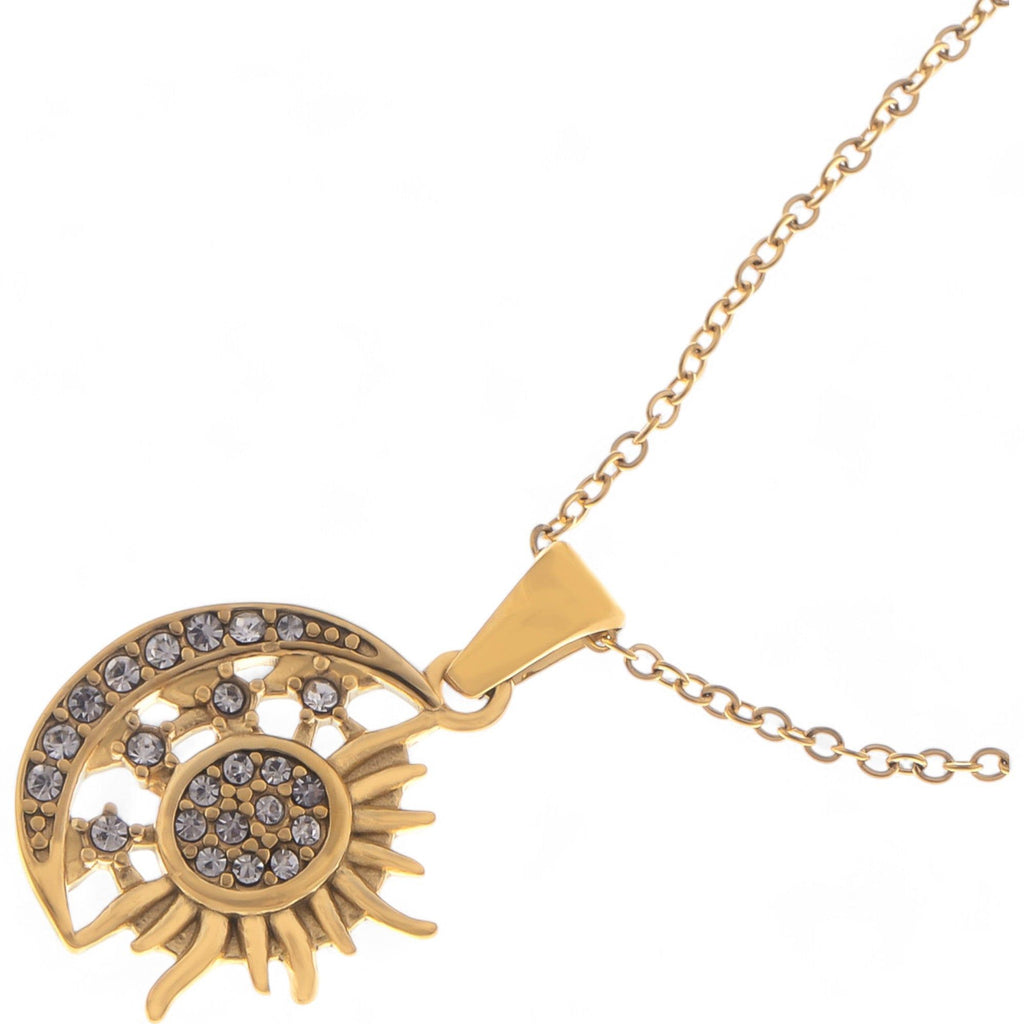 Women's Rhinestone Sun and Moon Pendant Fashion Necklace with Gold Tone Chain Statement Jewelry Piece
