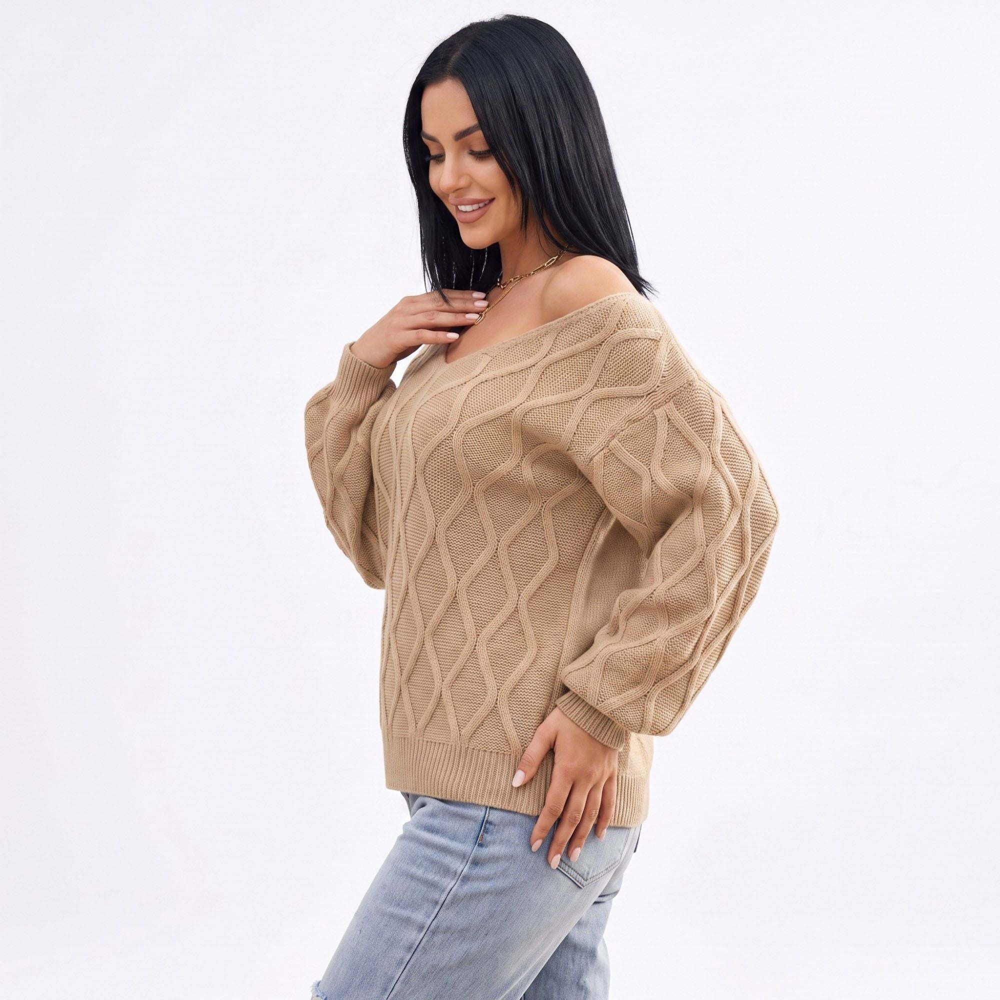 Cable Knit V-Neck Balloon Sleeve Sweater