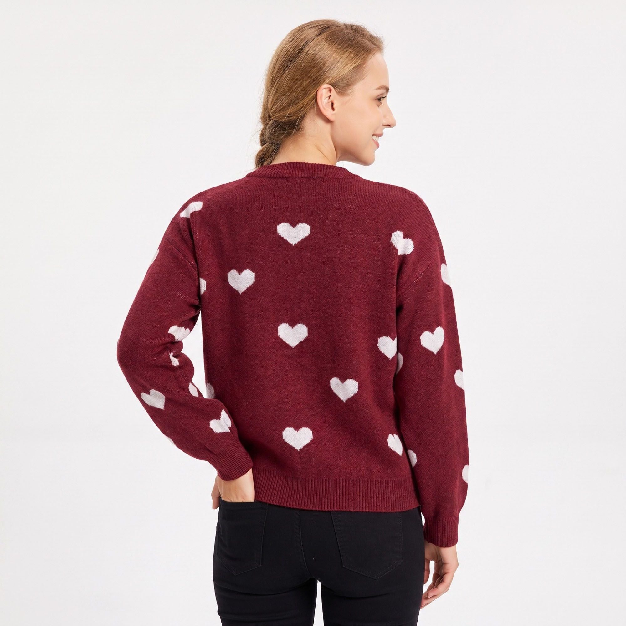 Heart Print Crew Neck Long Sleeve Knit Sweater
