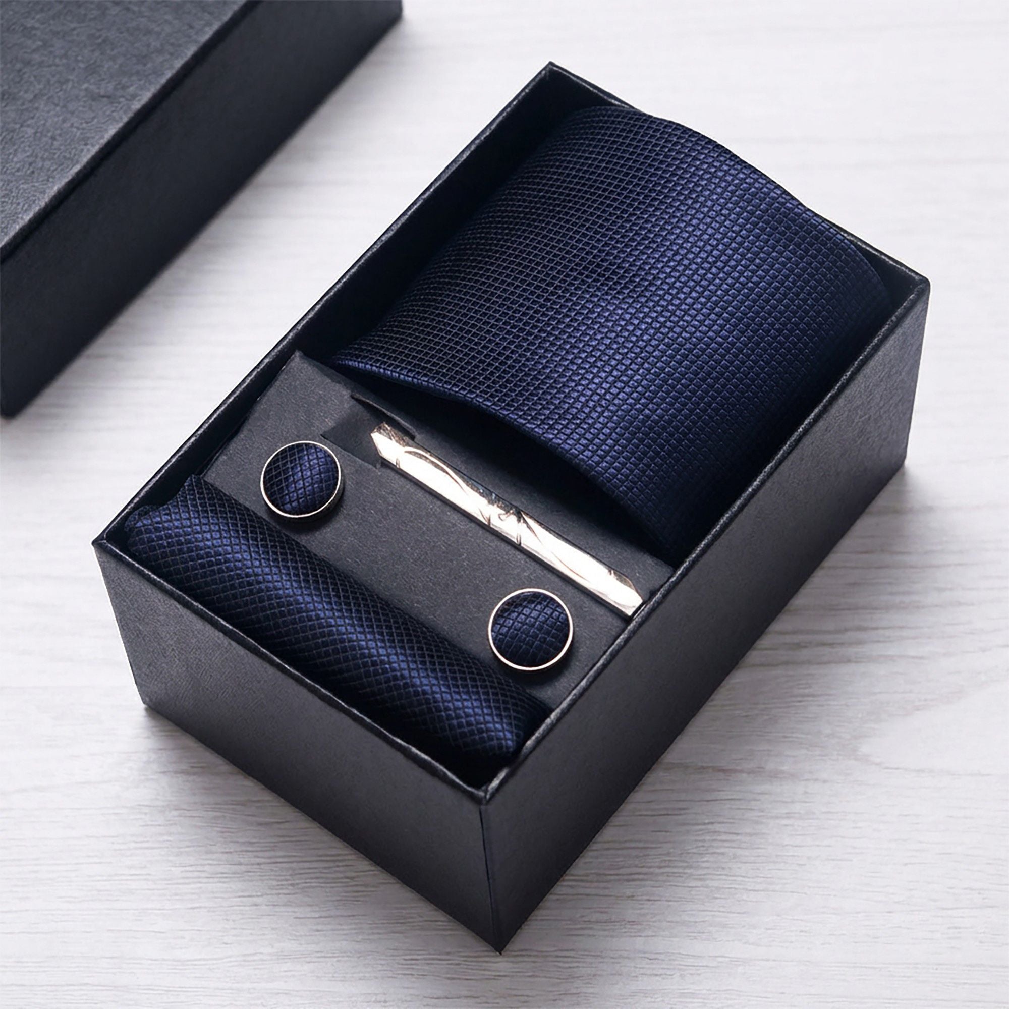 Men's Diamond Grid Pattern Tie Gift Set Necktie Pocket Square Cufflinks Tie Clip Formal Accessory Set