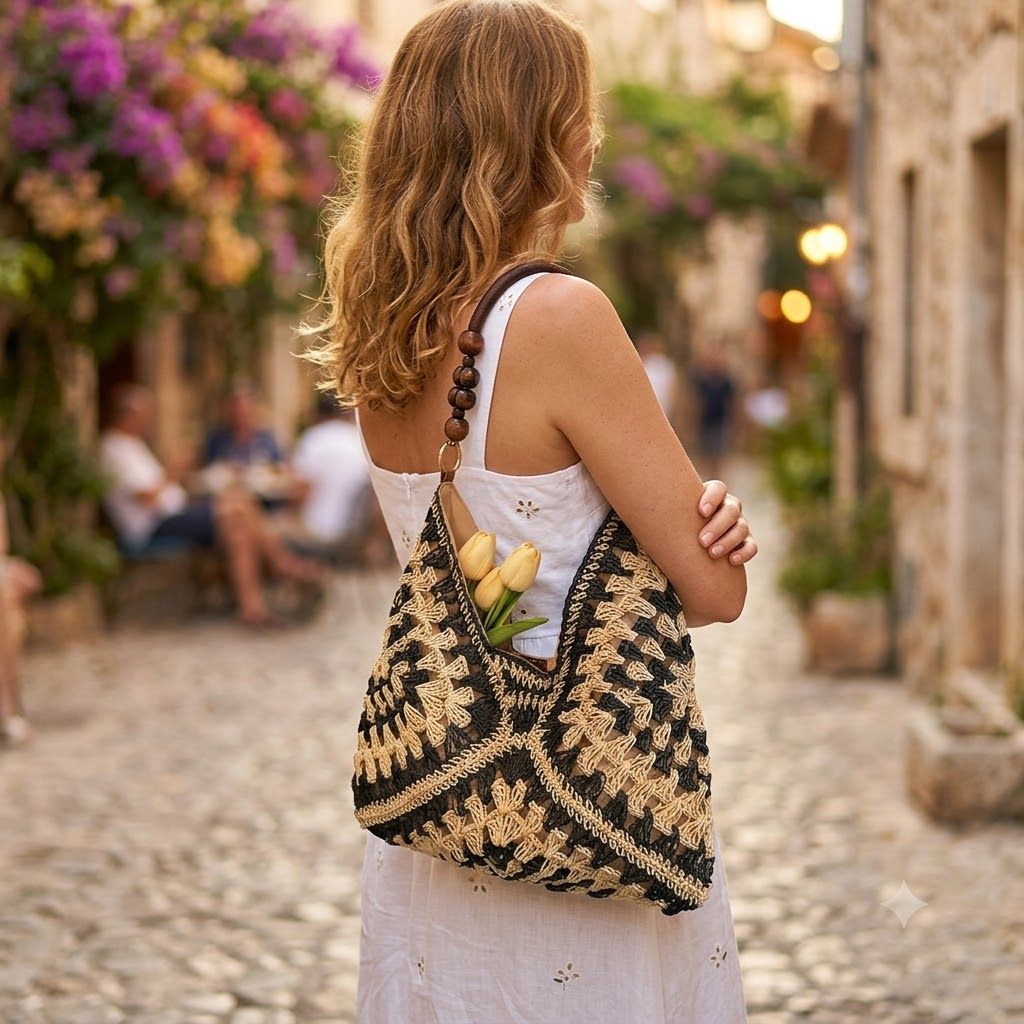 Woven Hobo Shoulder Bag with Beaded Handle and Magnetic Snap Closure
