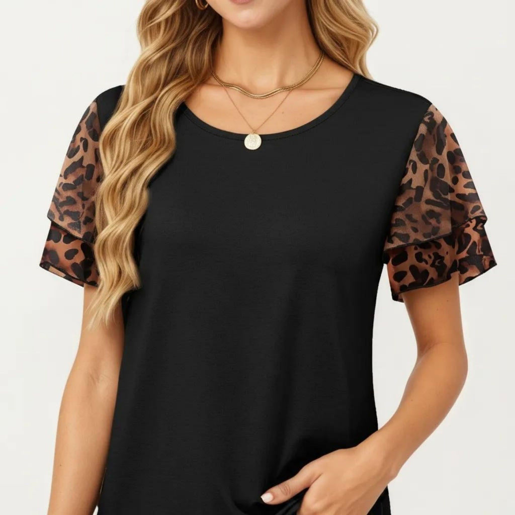 Anna-Kaci Women's Short Sleeve Top with Leopard Print Mesh Sleeves Round Neck Relaxed Fit Casual Shirt