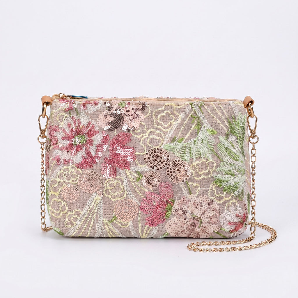 Floral Embroidered Sequin Shoulder Bag with Chain Strap Curved Silhouette