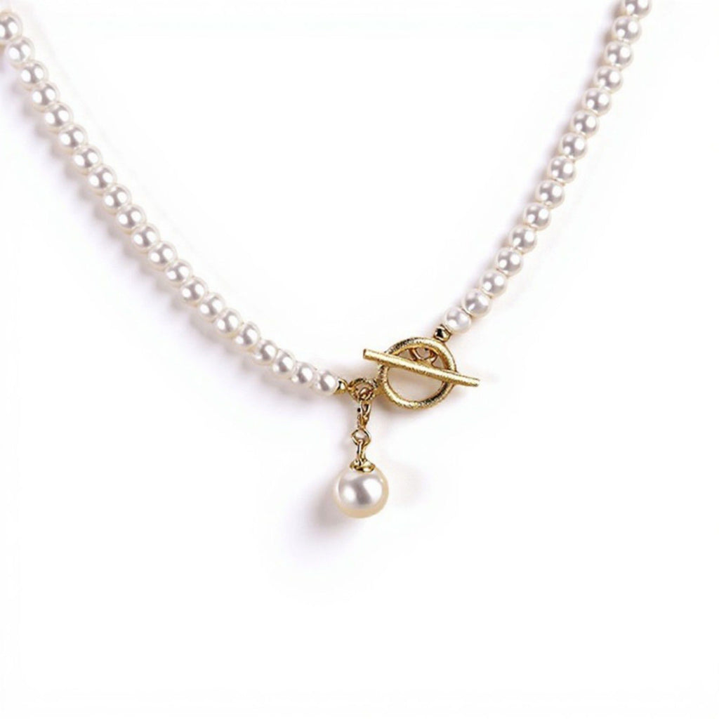 Women's Pearl Beaded Necklace with Front Toggle Clasp and Drop Pearl Pendant