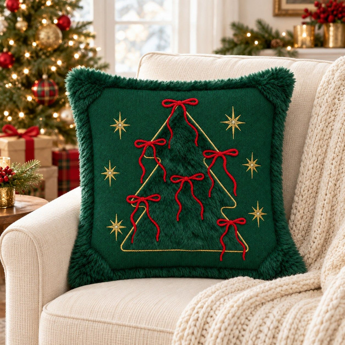 Christmas Embroidered Plush Throw Pillow Cover 18 x 18 Inch 1 Pack