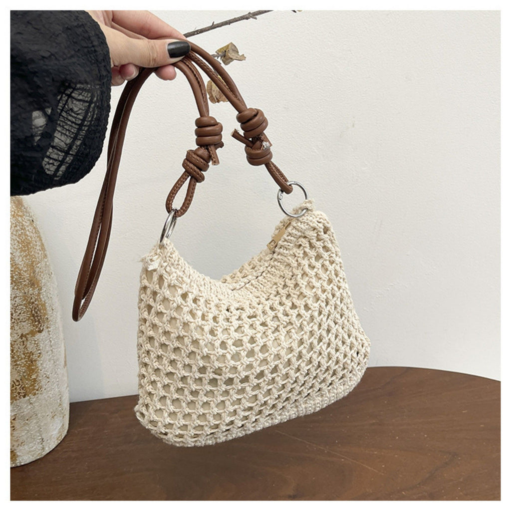 Women's Woven Net Shoulder Bag with Long Strap and Zipper Closure