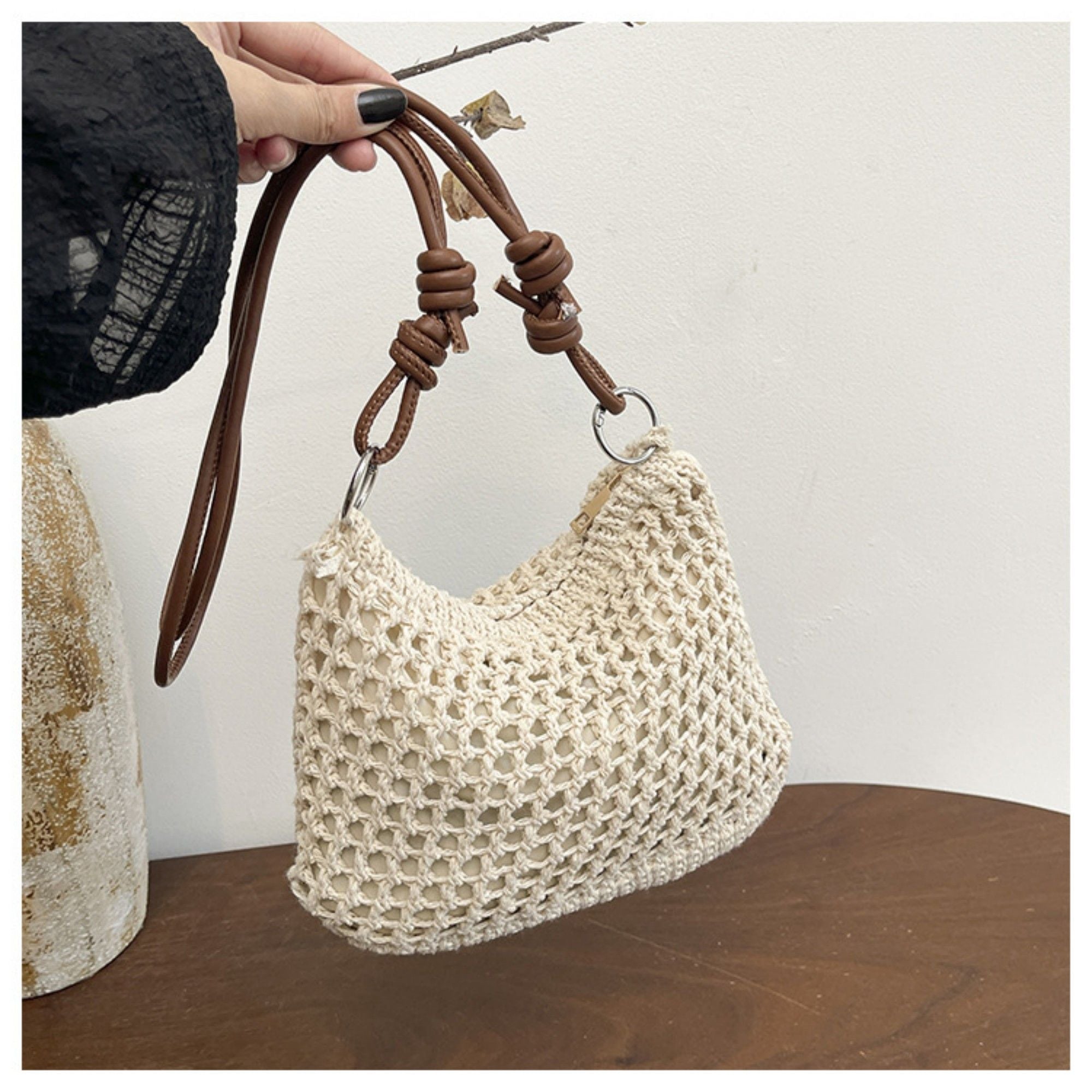 Women's Woven Net Shoulder Bag with Long Strap and Zipper Closure