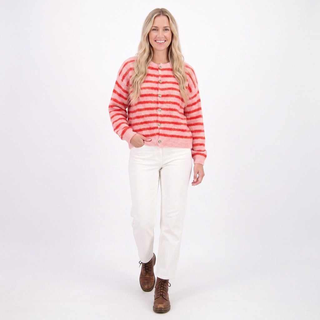 Striped Button-Front Crew Neck Knit Cardigan