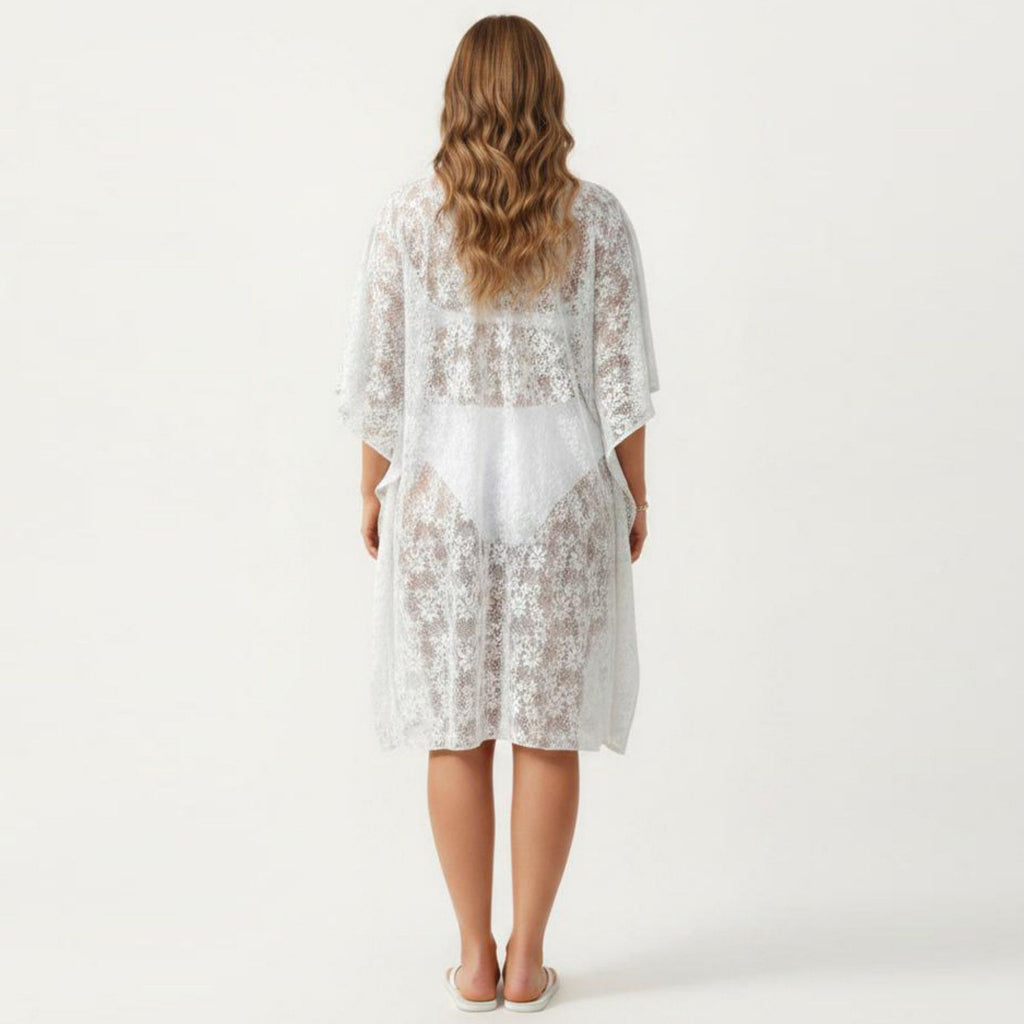 Anna-Kaci Women's Lace Swim Cover Up Cardigan with Crochet Trim Floral Pattern Open Front and Relaxed Sleeves