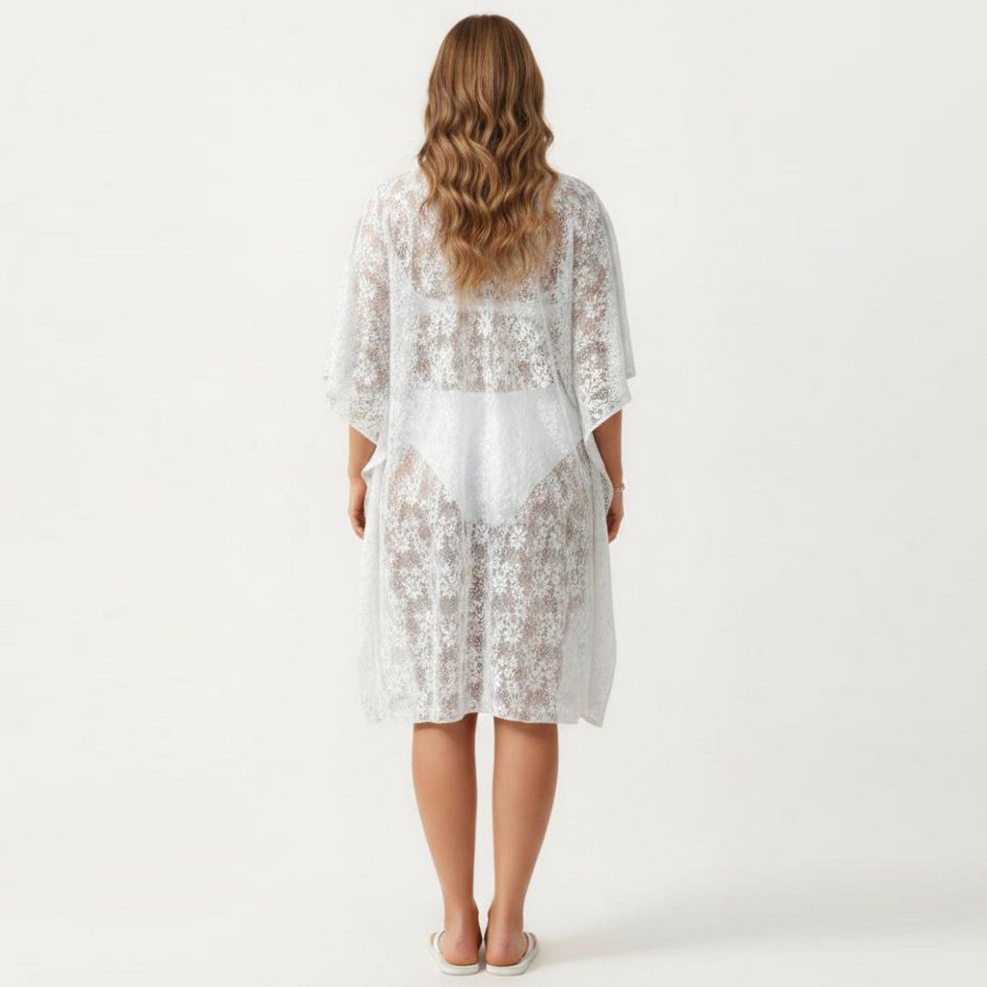 Anna-Kaci Women's Lace Swim Cover Up Cardigan with Crochet Trim Floral Pattern Open Front and Relaxed Sleeves
