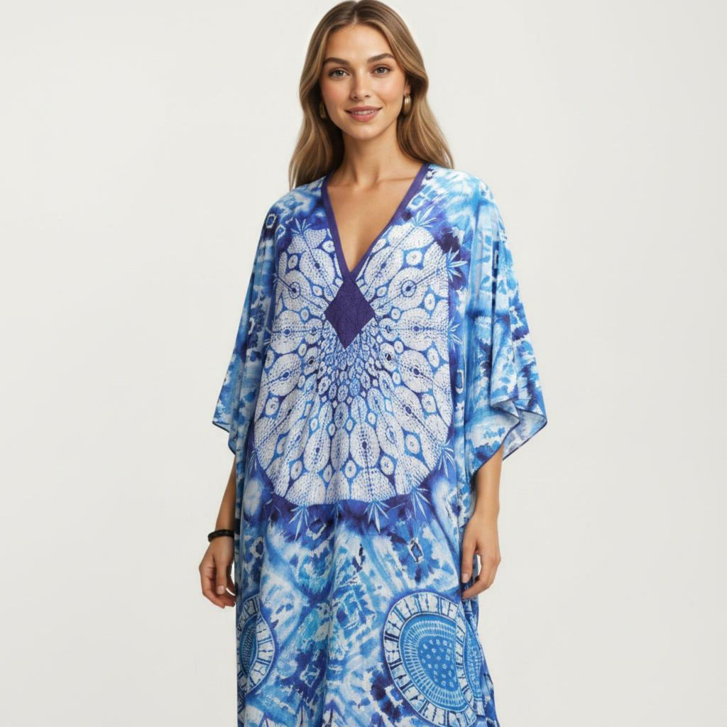 Anna-Kaci Women's Tie Dye Medallion Kaftan Maxi Dress with V-Neckline and Relaxed Flowy Silhouette