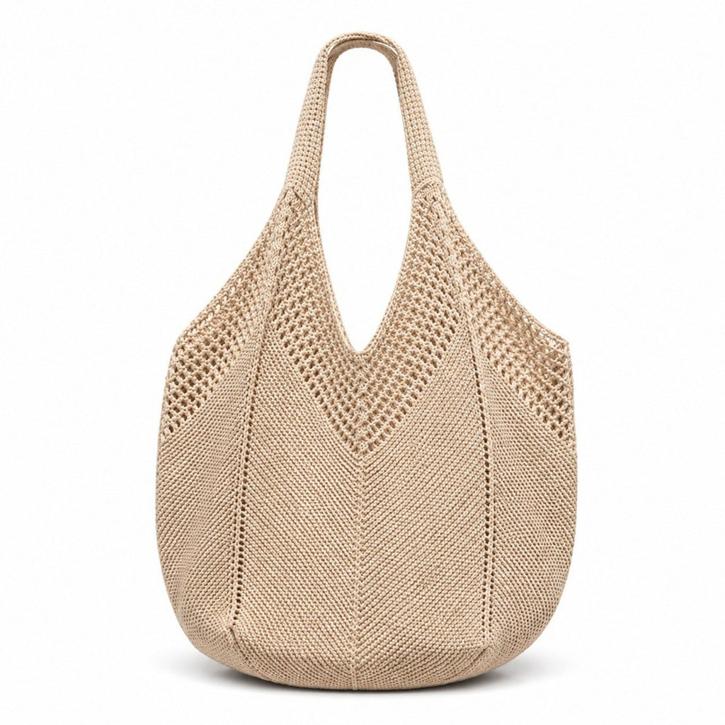 Crochet Knit Tote Bag Openwork Shoulder Bag with Heart Inspired Detail