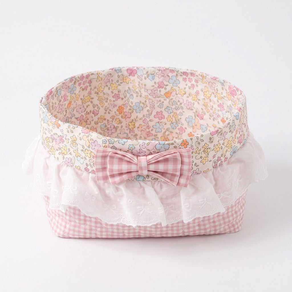 Floral Gingham Quilted Storage Basket with Lace Eyelet Ruffle & Bow