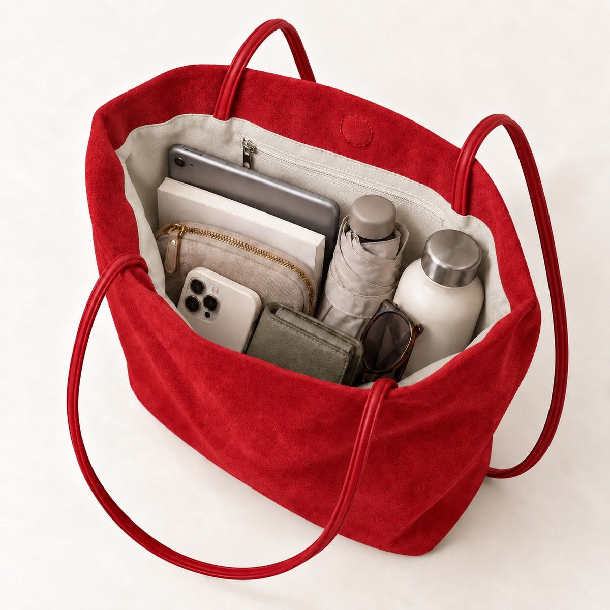 Faux Suede Tote Bag with Double Shoulder Handles Magnetic Closure and Interior Pockets