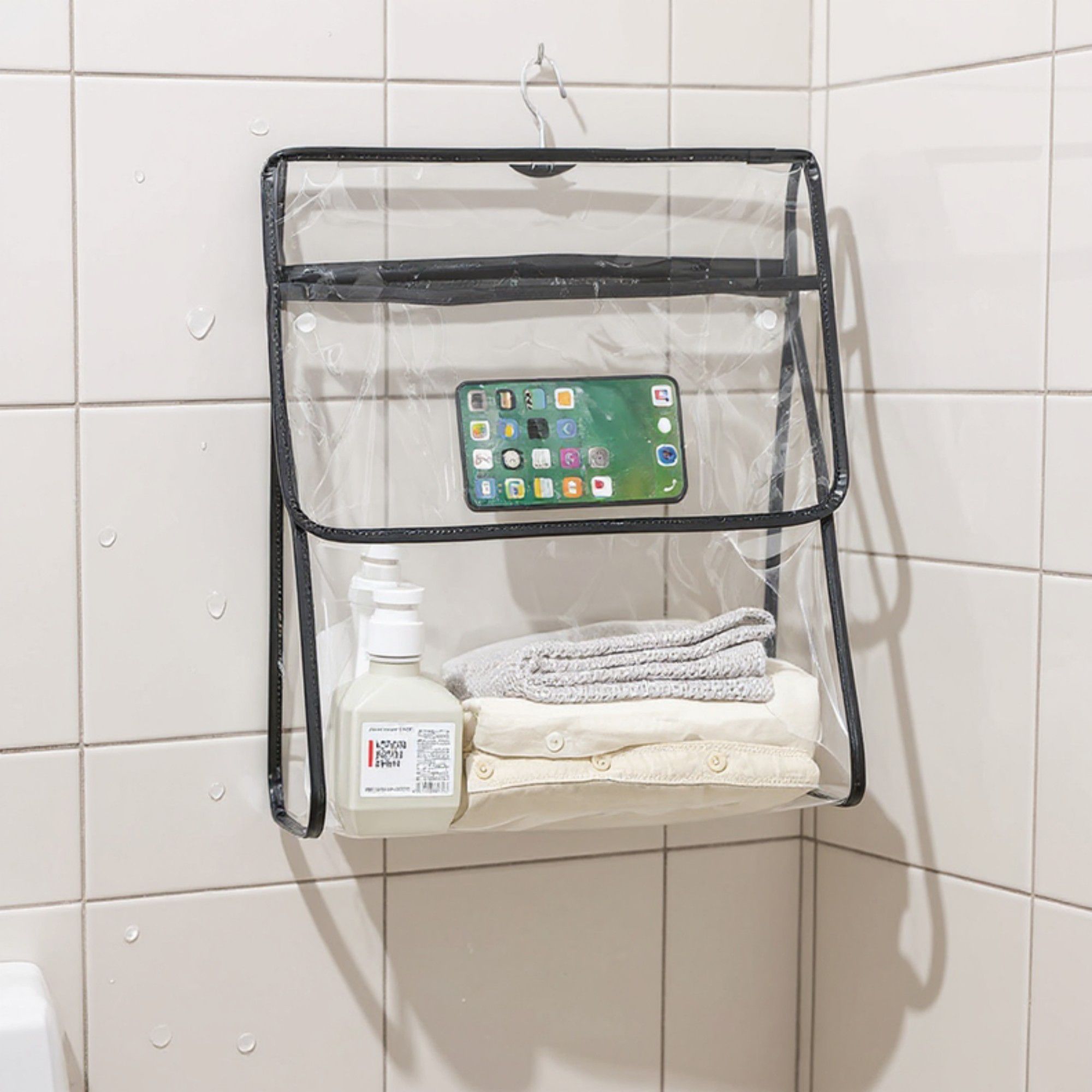 Anna-Kaci 2pcs Women's Clear Hanging Shower Organizer with Touch-Friendly Phone Pocket Water-Resistant Storage Shelf