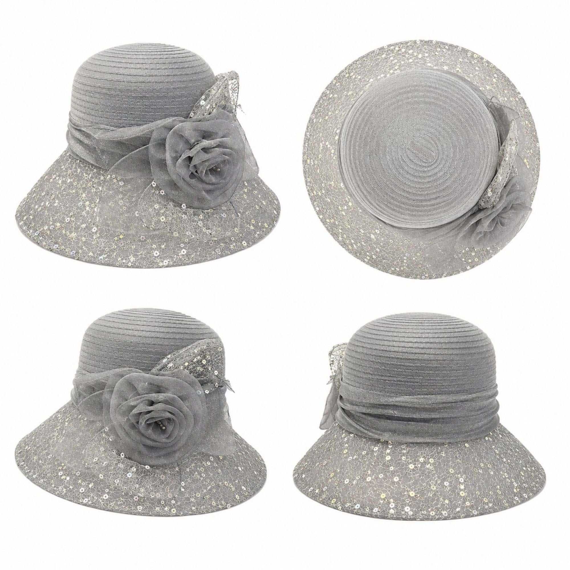 Wide Brim Floral Sun Hat with Sequin Mesh and Rose Accent