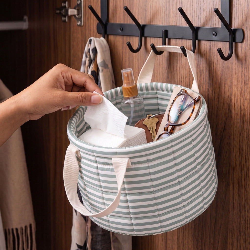 Quilted Striped Fabric Storage Basket with Carry Handles