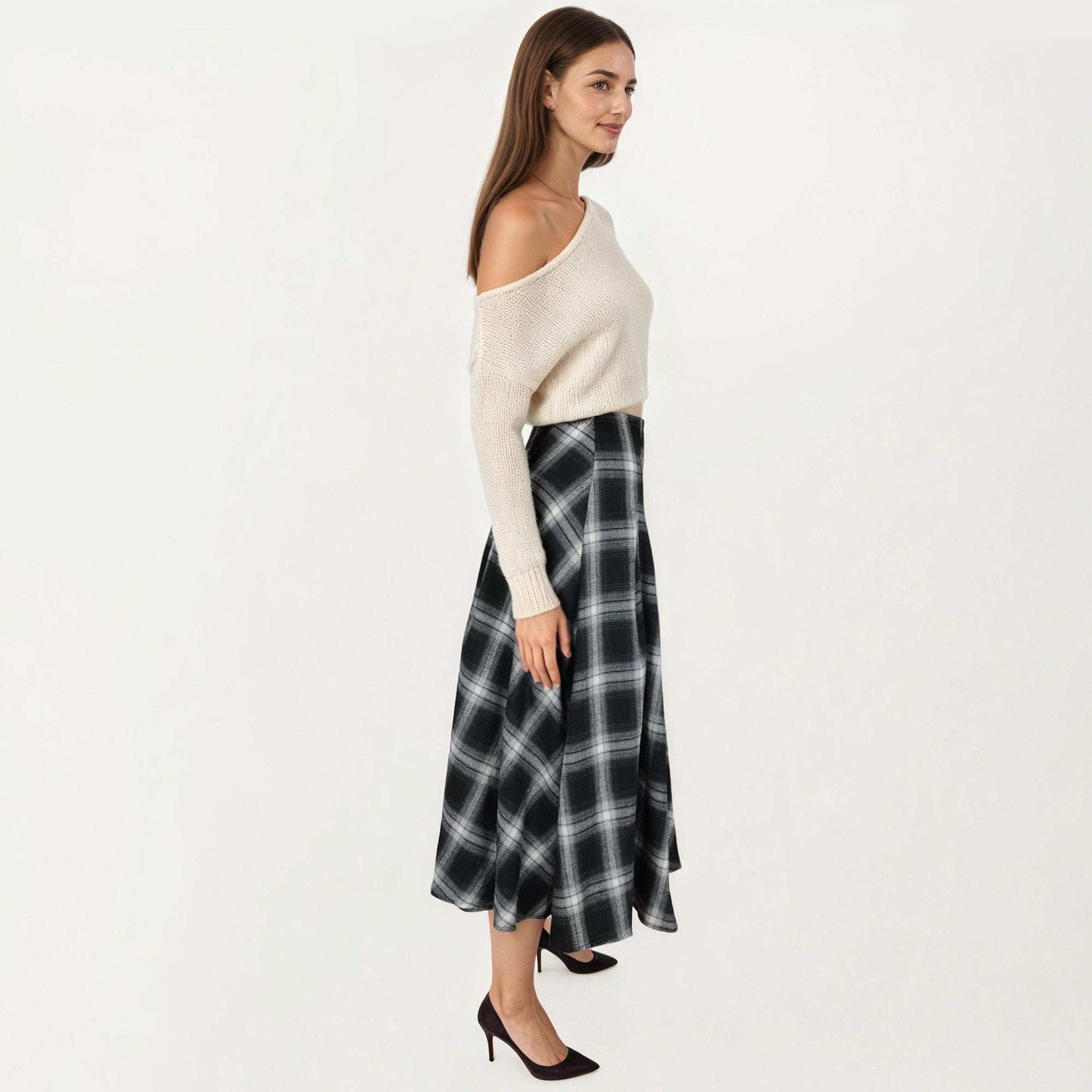 Anna-Kaci Women's Plaid Midi Skirt with A-Line Silhouette Flowy Hem High Waist Design Classic Check Pattern Skirt