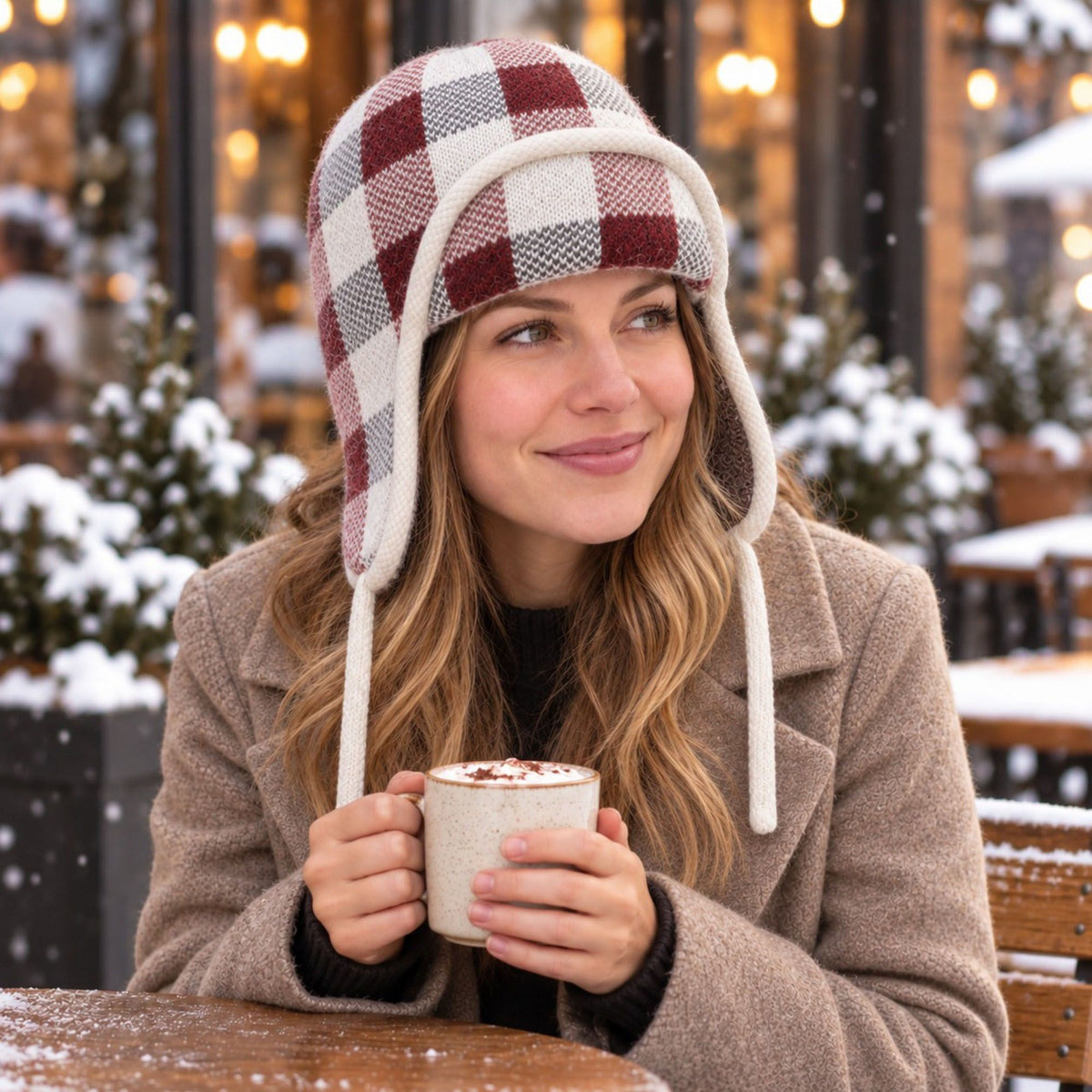 Plaid Ear Flap Knit Beanie Winter Thermal Trapper Hat