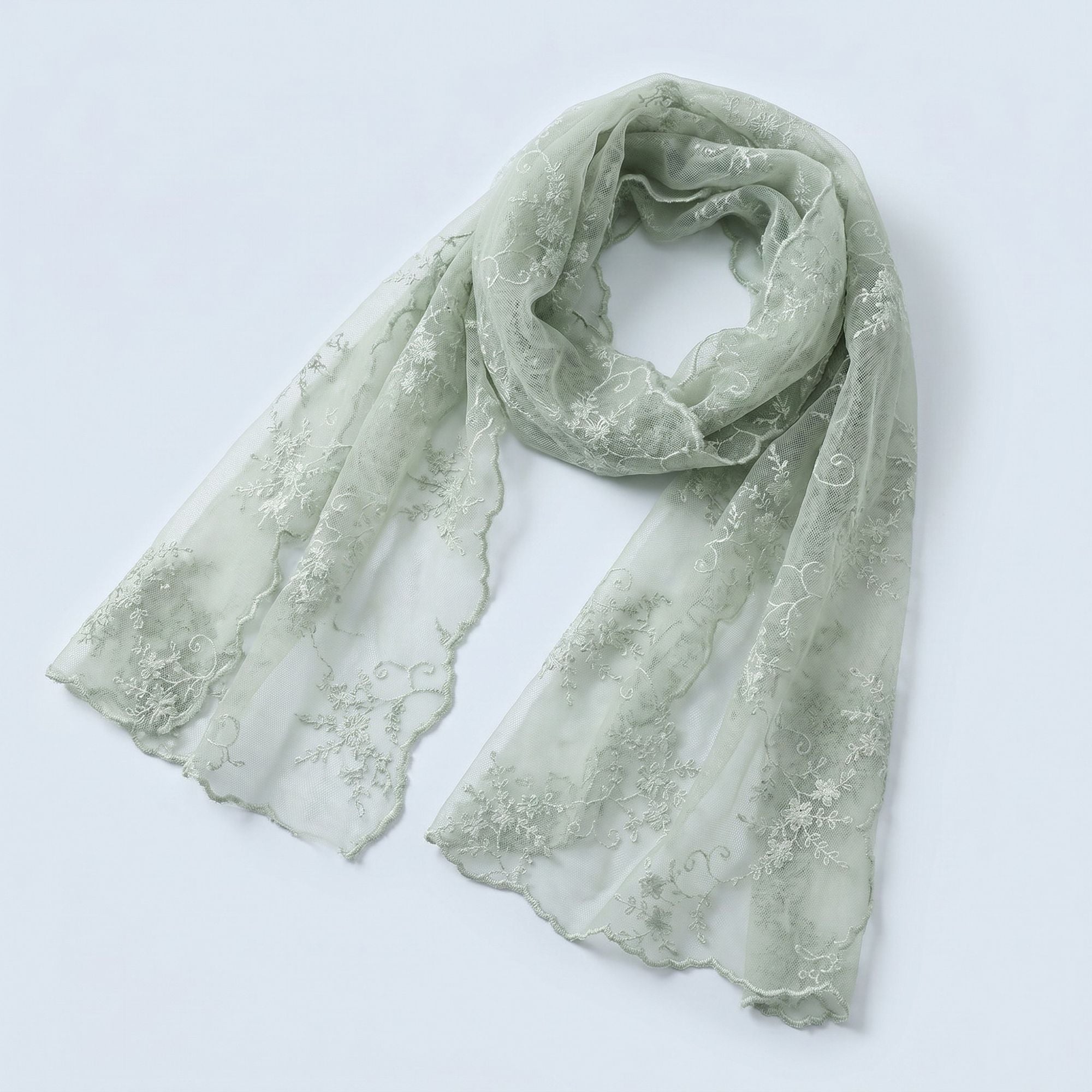 Sheer Embroidered Skinny Scarf with Floral Lace Trim and Long Neck Tie Design