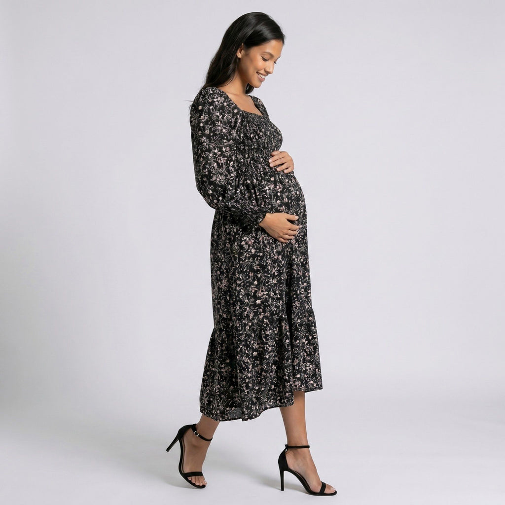 Anna-Kaci Women's Maternity Floral Square Neck Midi Dress with Long Sleeves and Smocked Bodice