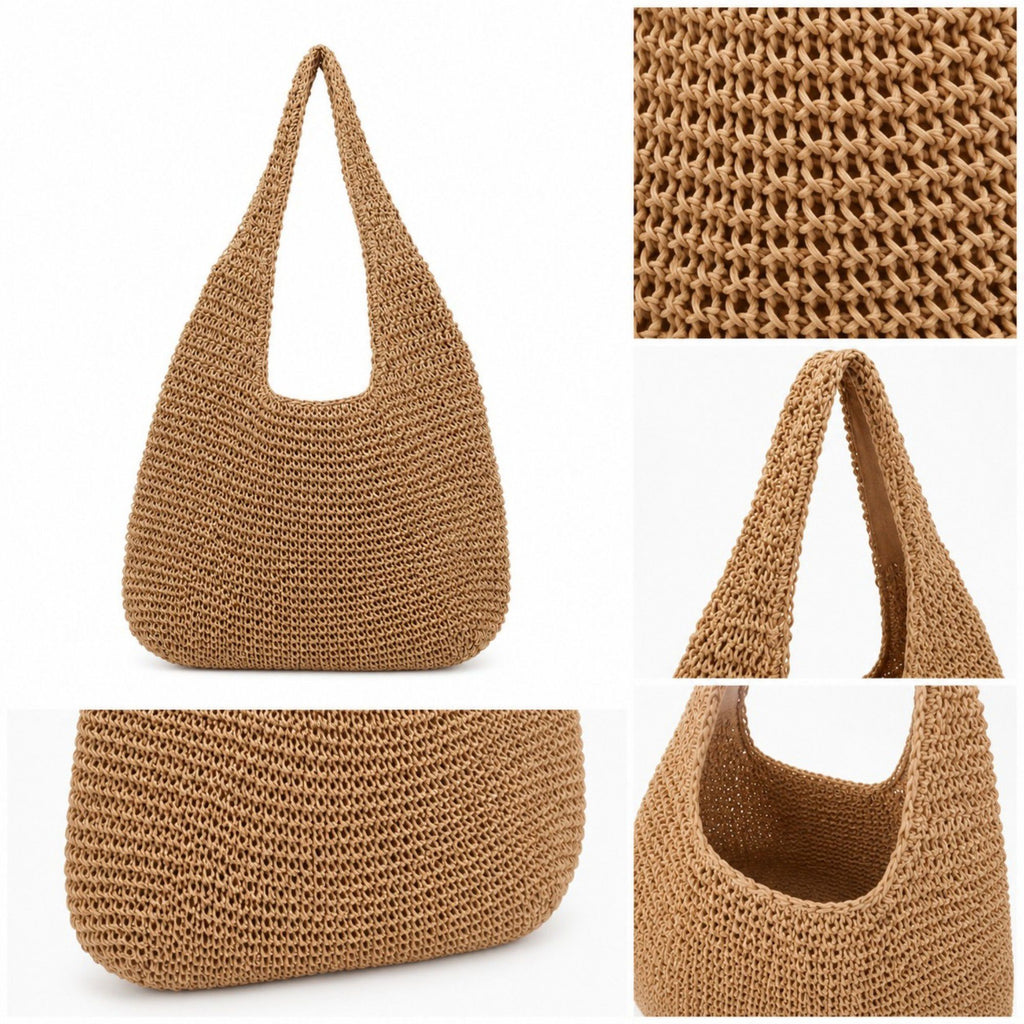 Woven Straw Shoulder Bag - Lightweight Hand-Knit Summer Tote for Beach and Vacation