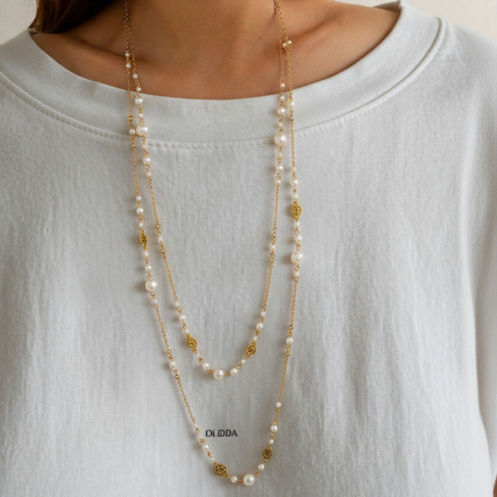 Women's Layered Pearl Beaded Necklace with Gold Filigree Accents 31.5in/39.5in