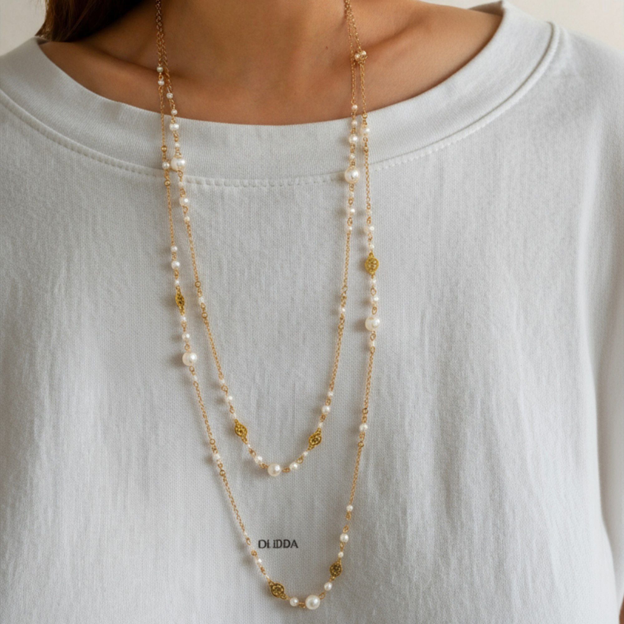 Women's Layered Pearl Beaded Necklace with Gold Filigree Accents 31.5in/39.5in