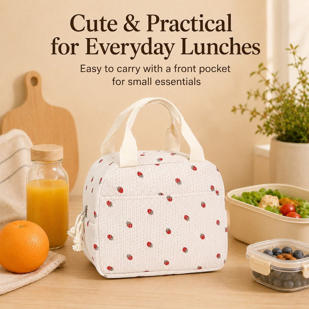 Floral Corduroy Insulated Lunch Tote Bag with Front Pocket and Zip Closure