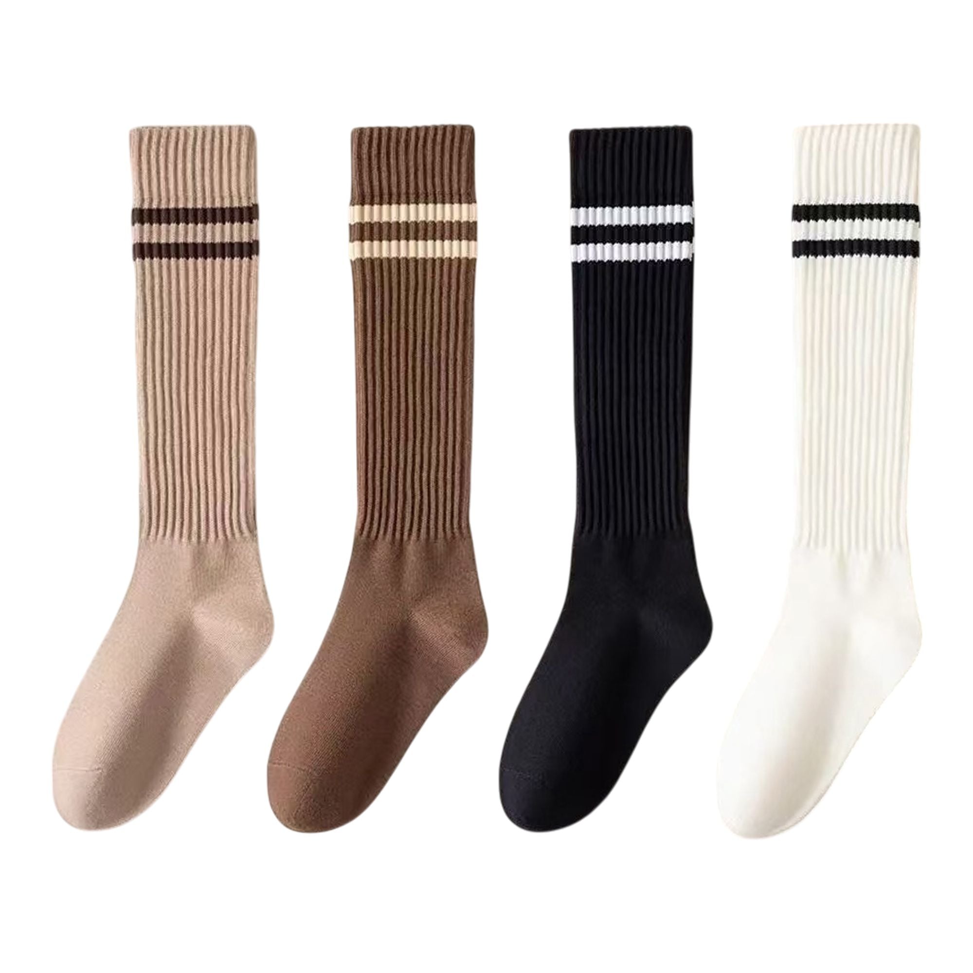 Anna-Kaci Women's 4-Pair Set Ribbed Knee-High Socks with Striped Detail Slim Fit Stretch Design for Casual Outfits