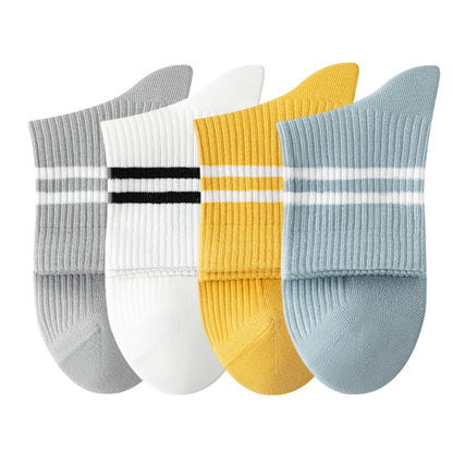Anna-Kaci Womens Athletic Crew Socks 4-Pack Ribbed Knit Design Contrast Double Stripe Stretch Comfort Everyday Fit