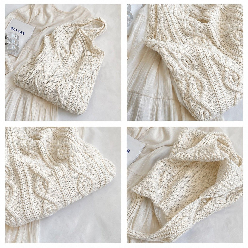 Cable Knit Shoulder Tote Bag Soft Textured Slouchy Lightweight Everyday Carryall