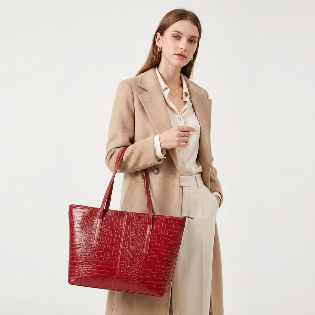 Crocodile Embossed Tote Bag Large Shoulder Handbag with Zipper Closure