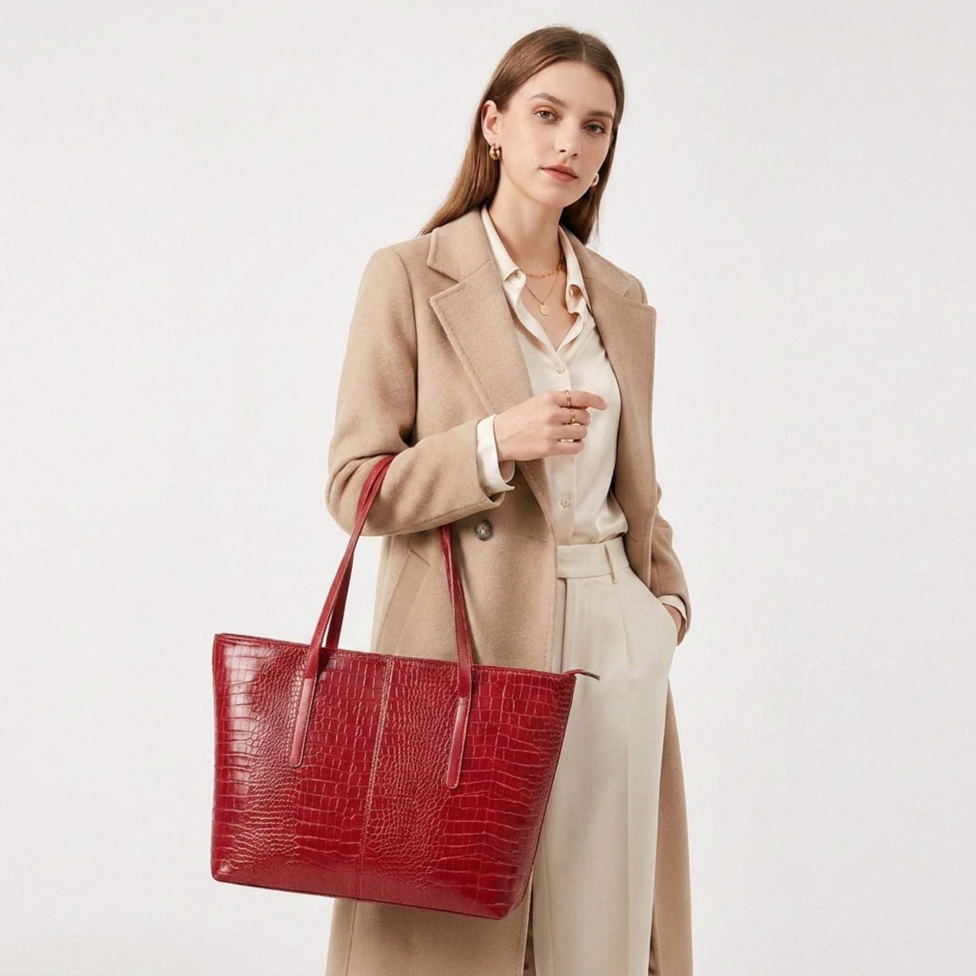 Crocodile Embossed Tote Bag Large Shoulder Handbag with Zipper Closure
