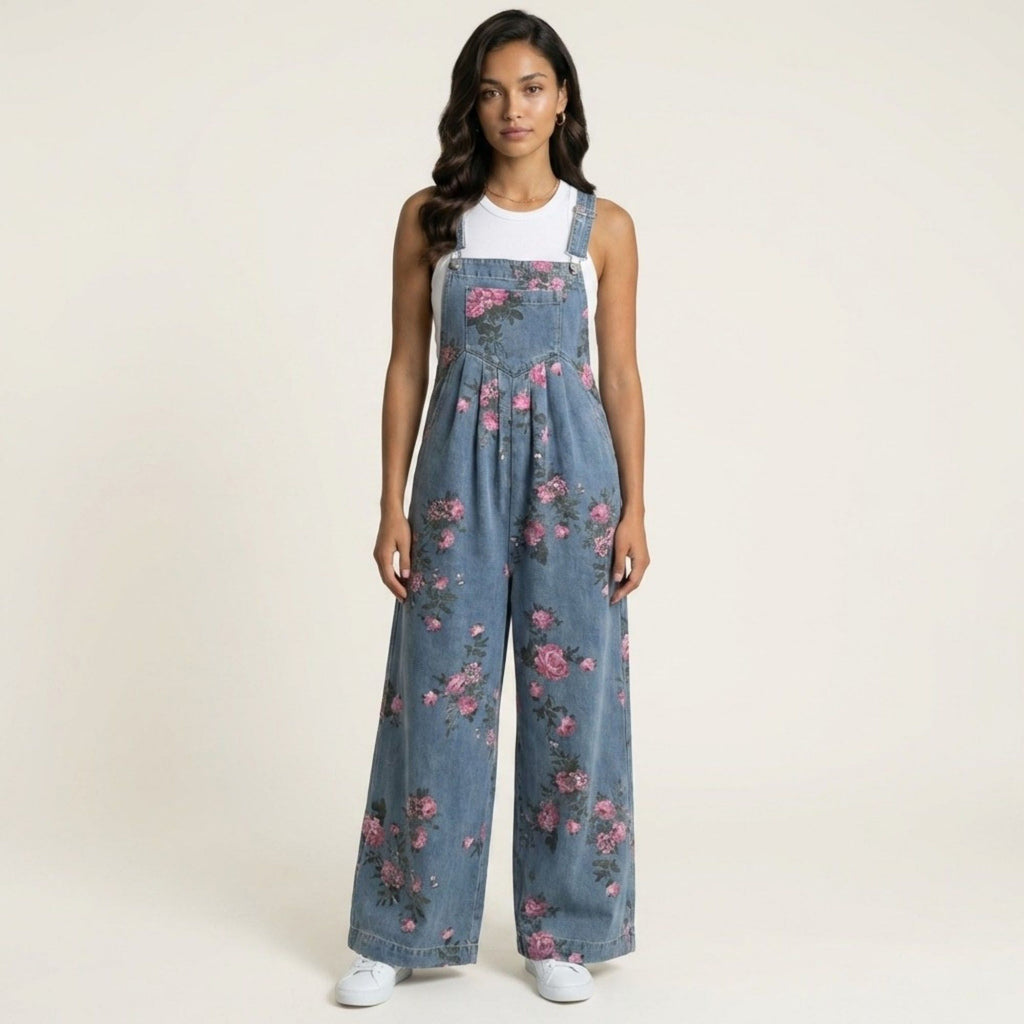 Anna-Kaci Women's Floral Denim Overall Jumpsuit Wide Leg Adjustable Strap Loose Fit Casual Overalls