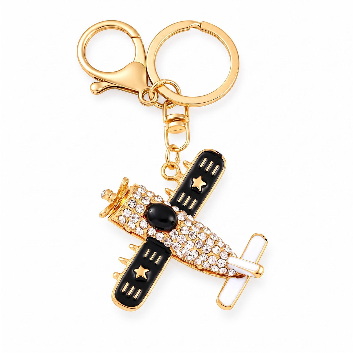Airplane Rhinestone Keychain Bag Charm with Gold Tone Clasp and Key Ring