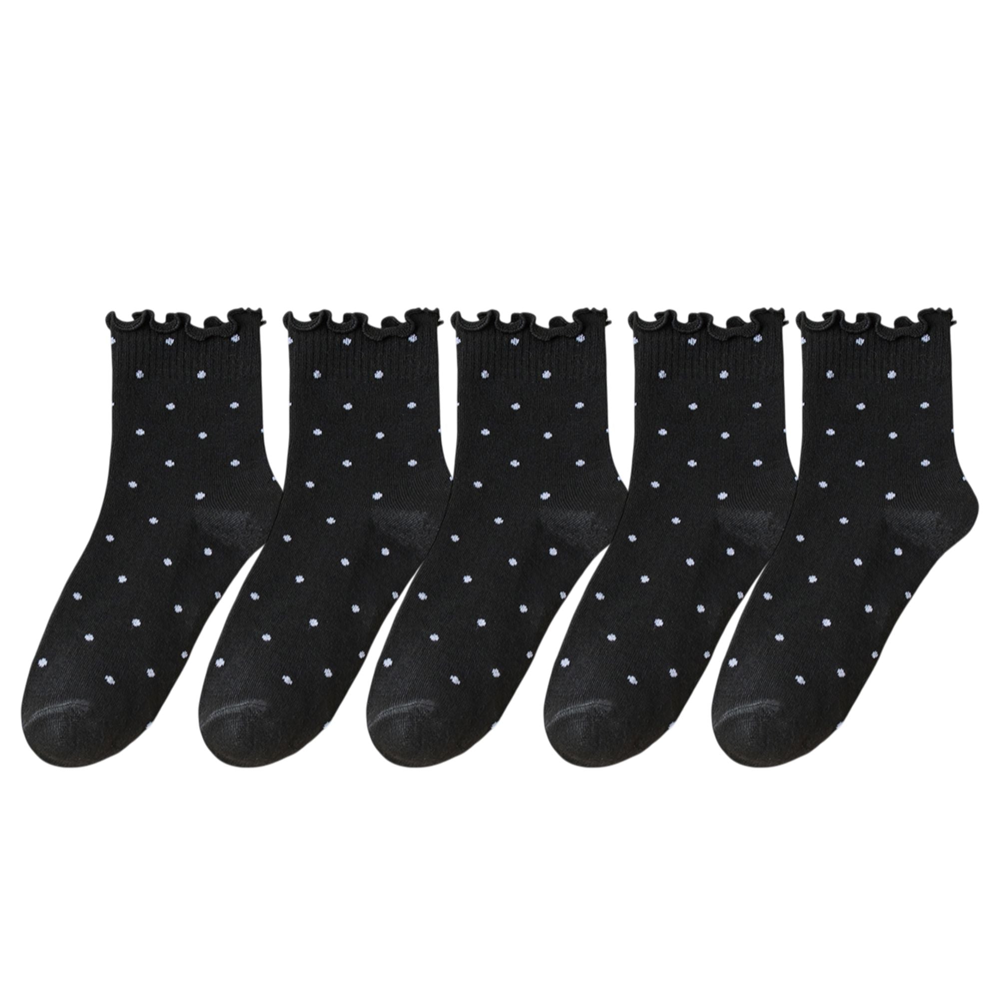 Anna-Kaci Women's Polka Dot Ankle Socks Set Soft Cotton Blend Ruffle Trim Cuff Multiple Color Combos 5 Pairs
