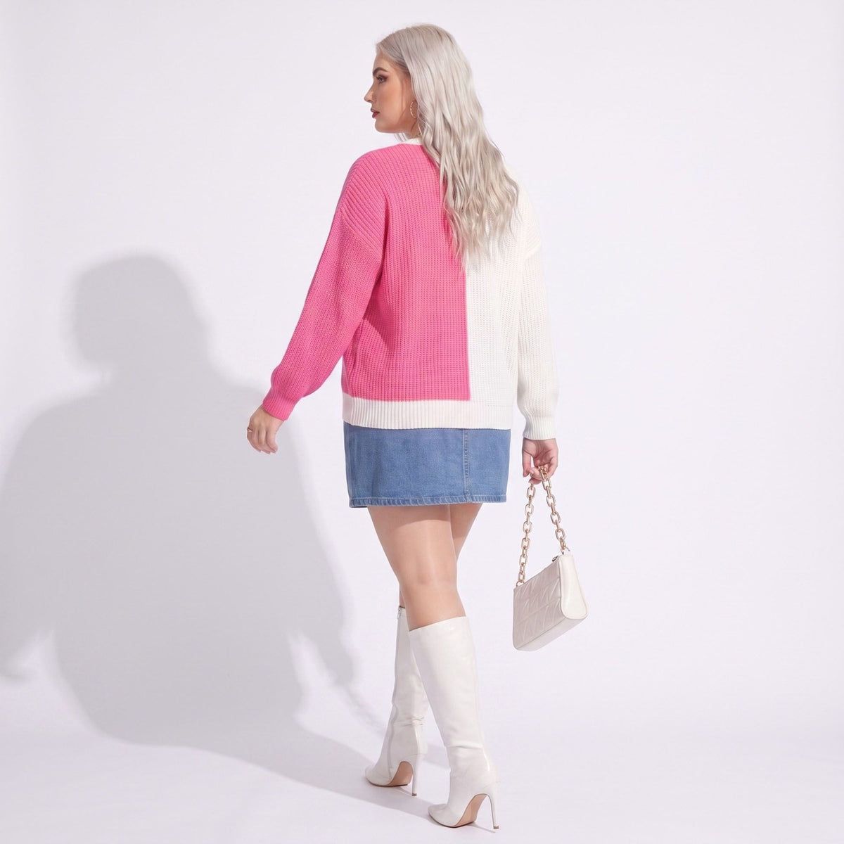 Plus Size Heart Colorblock Crewneck Sweater
