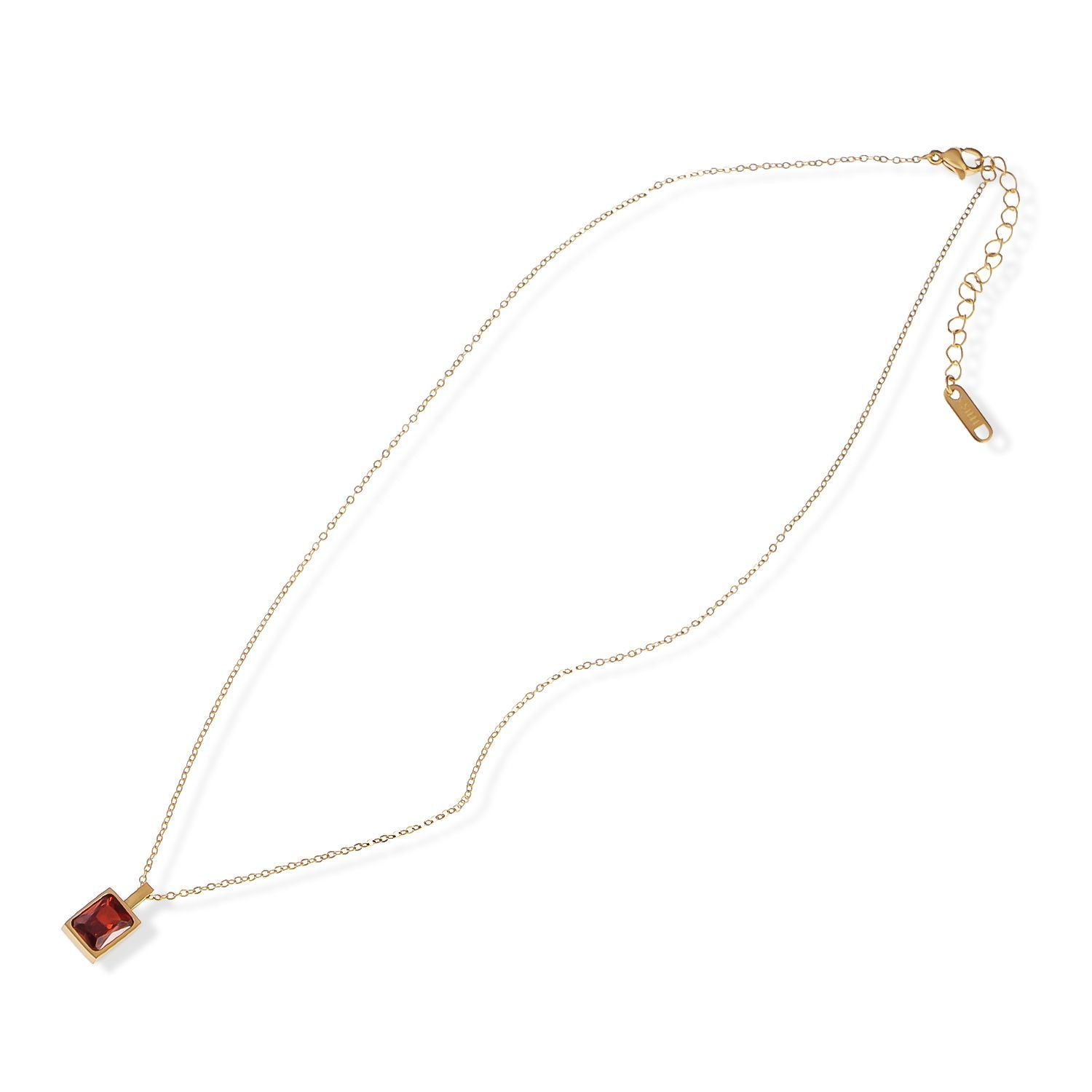 Women's Stainless Steel Fashion Necklace with 18K Gold Plated Pendant, Red Zircon Stone, Adjustable Chain, Modern Design