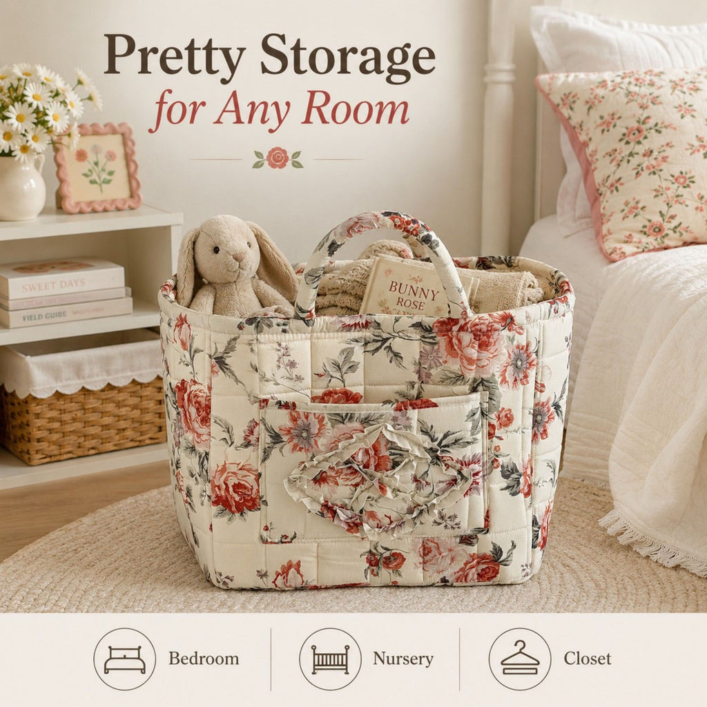 Quilted Floral Storage Caddy with Handles for Vanity Dorm Bathroom and Laundry Room