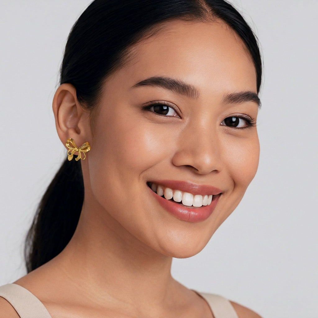 Bow Knot Stud Earrings with Open Loop Ribbon Design and Delicate Sculpted Details for a Feminine Elegant Look