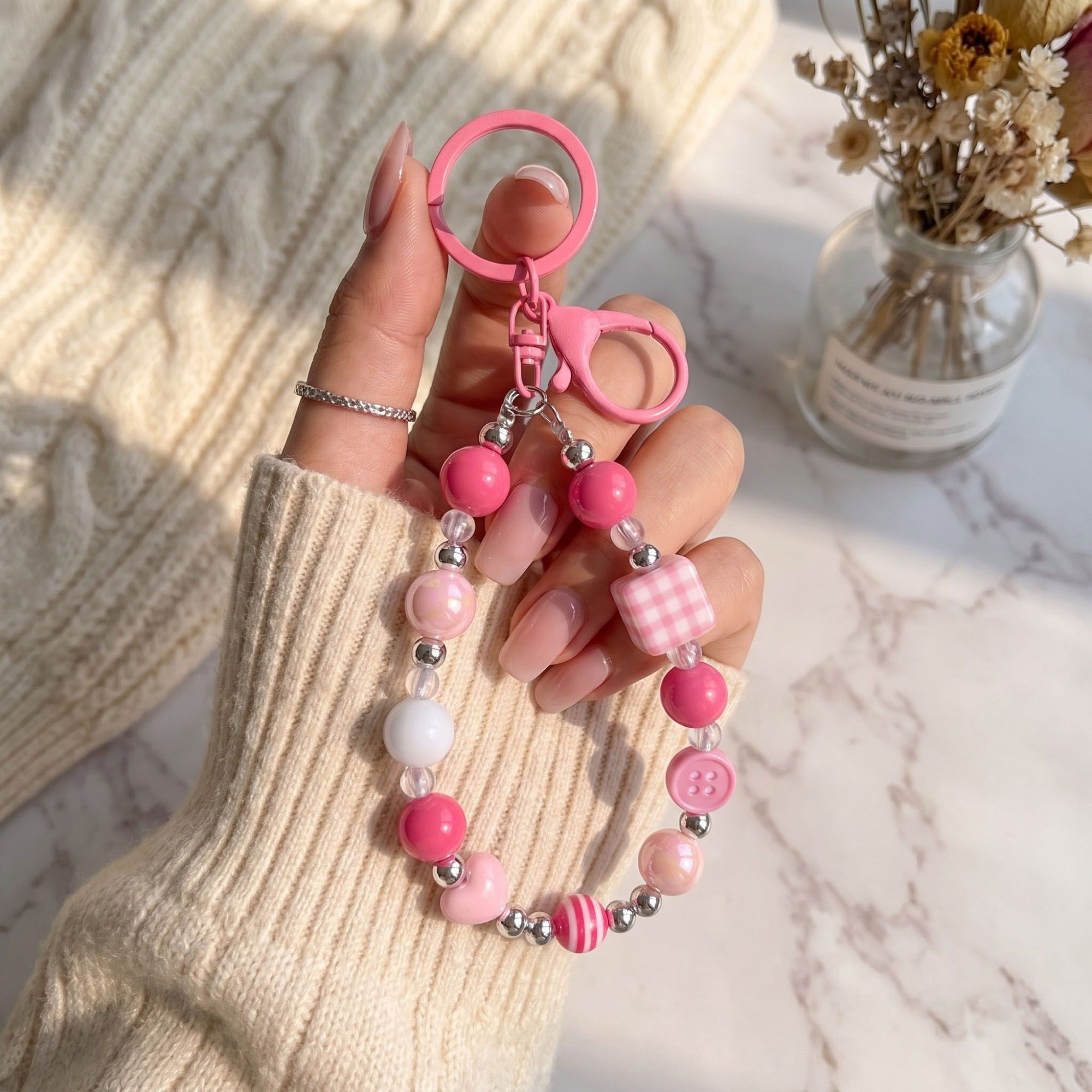 2-Piece Womens Beaded Bag Charm with Hanging Clip and Decorative Accents