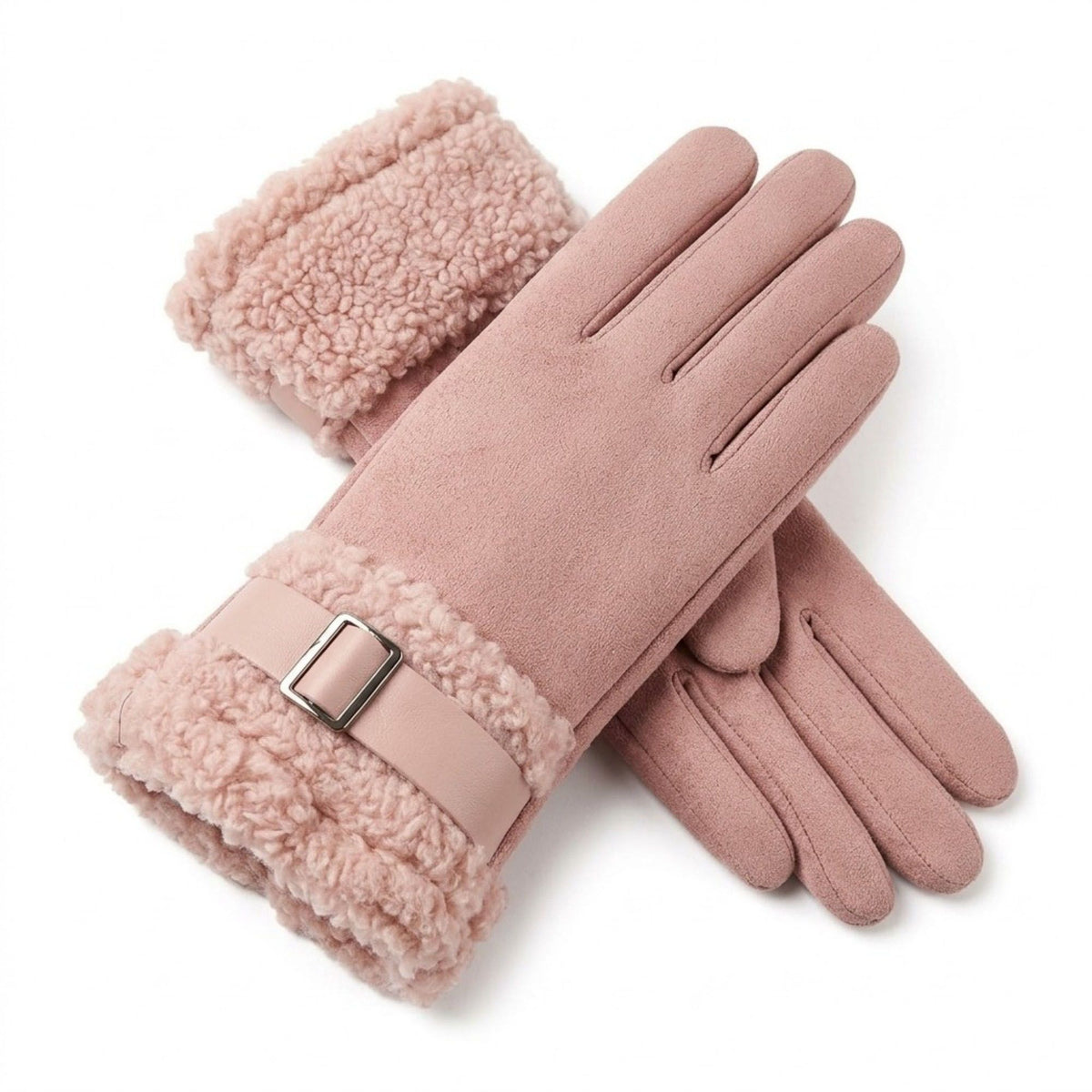 Faux Suede Gloves with Plush Faux Fur Cuffs and Buckle Detail