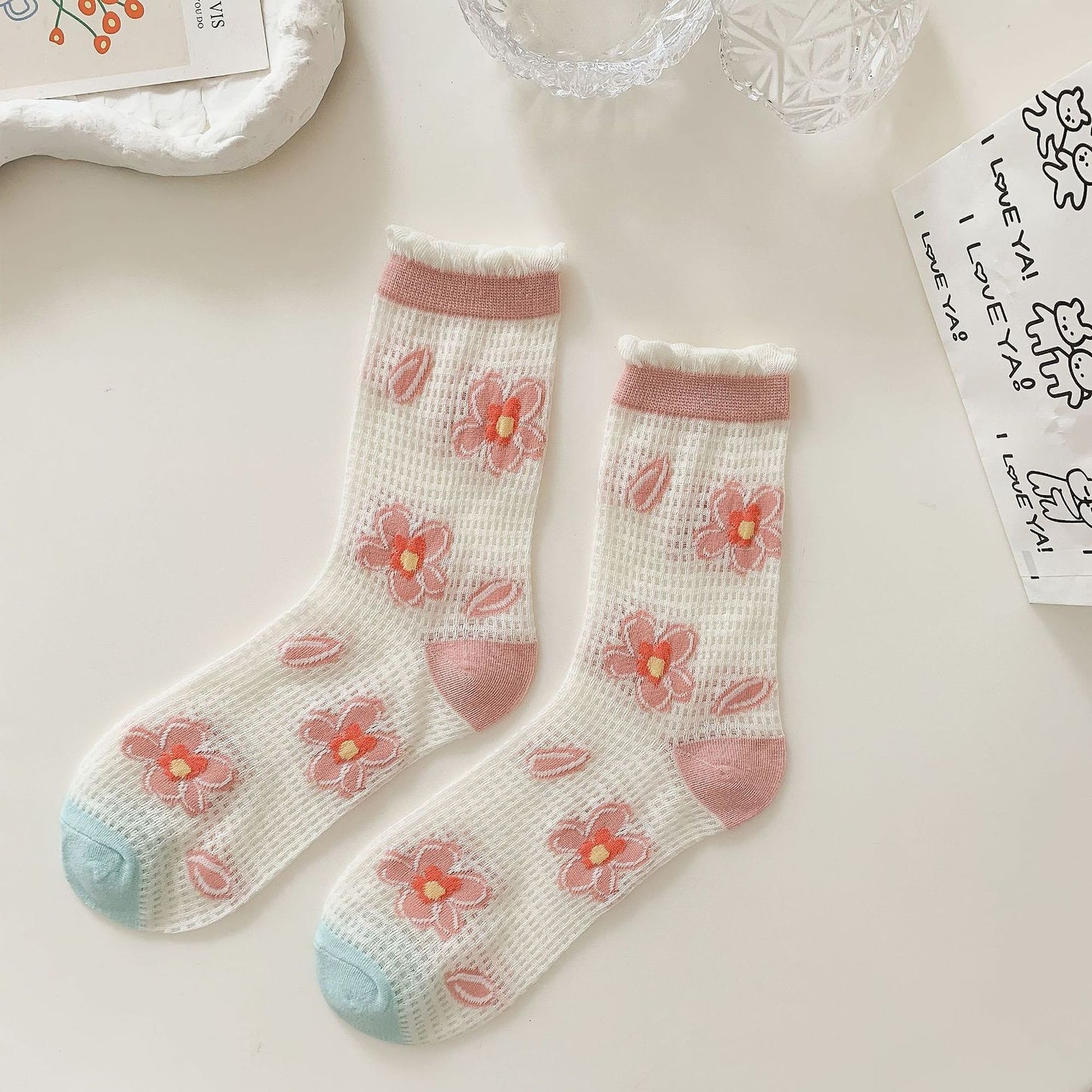 Anna-Kaci Women's Sheer Floral Embroidered Ankle Socks with Ruffle Cuff 6Pk