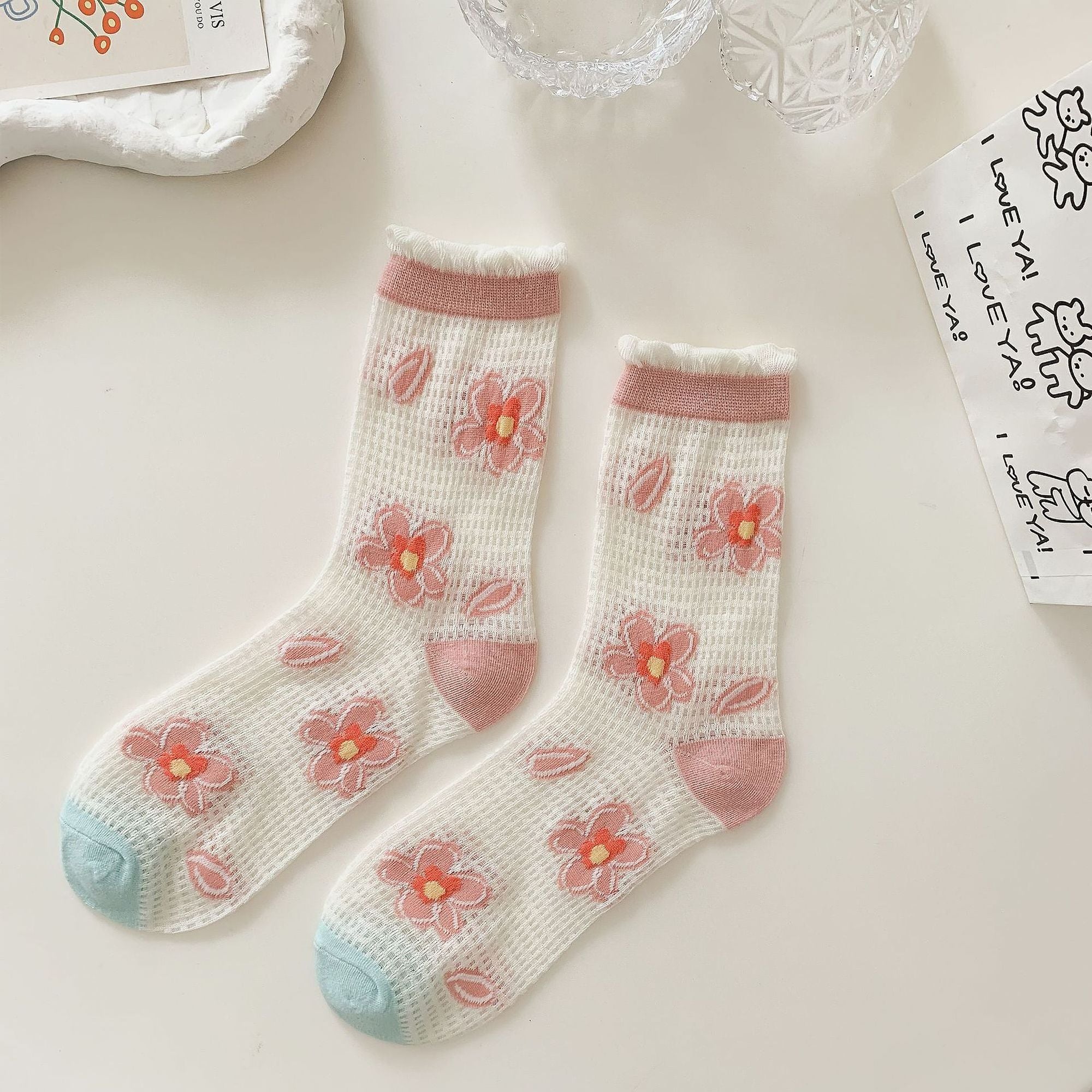Anna-Kaci Women's Sheer Floral Embroidered Ankle Socks with Ruffle Cuff 6Pk